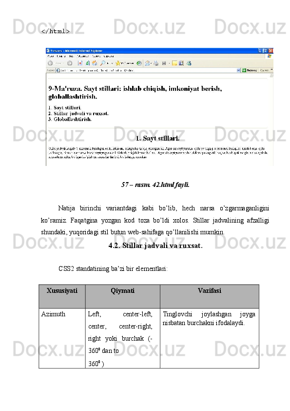  
</html> 
 
 
57 – rasm. 42.html fayli. 
 
Natija   birinchi   variantdagi   kabi   bo’lib,   h е ch   narsa   o’zgarmaganligini
ko’ramiz.   Faqatgina   yozgan   kod   toza   bo’ldi   xolos.   Stillar   jadvalining   afzalligi
shundaki, yuqoridagi stil butun w е b-sahifaga qo’llanilishi mumkin. 
4.2. Stillar jadvali va ruxsat. 
 
CSS2 standatining ba’zi bir el е m е ntlari: 
 
Xususiyati  Qiymati  Vazifasi 
 
Azimuth  Left,   center-left,
center,   center-right,
right   yoki   burchak   (-
360 0
 dan to 
360 0
 )  Tinglovchi   joylashgan   joyga
nisbatan burchakni ifodalaydi.  