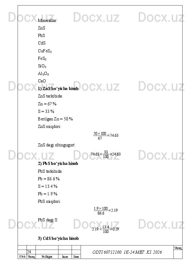 O’ lch
Va raq №  Hujjat Imzo Sana Va raq
ODTI 60712100. 1K-24 МЕТ.  KI . 2026Minerallar:
ZnS
PbS
CdS
CuFeS₂
FeS	
₂
SiO
₂
Al O
₂ ₃
CaO
1) ZnS bo‘yicha hisob
ZnS tarkibida:
Zn = 67 %
S = 33 %
Berilgan Zn = 50 %
ZnS miqdori:
50 × 100
67 = 74.63
ZnS dagi oltingugurt:
74.63 × 33
100 = 24.63
2) PbS bo‘yicha hisob
PbS tarkibida:
Pb = 86.6 %
S = 13.4 %
Pb = 1.9 %
PbS miqdori:	
1.9	×100	
86.6	=2.19
PbS dagi S:	
2.19	×	13.4
100	=0.29
3) CdS bo‘yicha hisob
24 