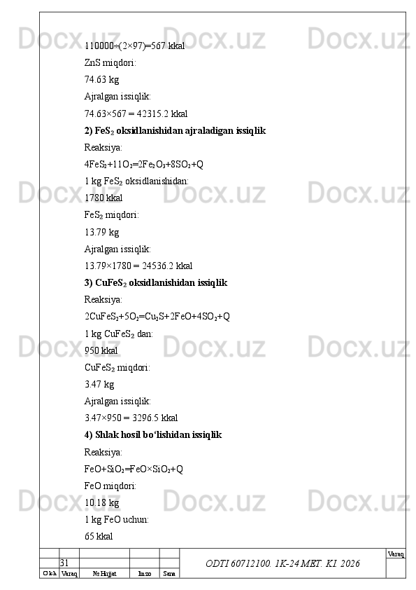 O’ lch
Va raq №  Hujjat Imzo Sana Va raq
ODTI 60712100. 1K-24 МЕТ.  KI . 2026110000÷(2×97)=567 kkal
ZnS miqdori:
74.63 kg
Ajralgan issiqlik:
74.63×567 = 42315.2 kkal
2) FeS  oksidlanishidan ajraladigan issiqlik₂
Reaksiya:
4FeS
2 +11O
2 =2Fe
2 O
3 +8SO
2 +Q
1 kg FeS  oksidlanishidan:	
₂
1780 kkal
FeS  miqdori:	
₂
13.79 kg
Ajralgan issiqlik:
13.79×1780 = 24536.2 kkal
3) CuFeS  oksidlanishidan issiqlik	
₂
Reaksiya:
2CuFeS
2 +5O
2 =Cu
2 S+2FeO+4SO
2 +Q
1 kg CuFeS  dan:	
₂
950 kkal
CuFeS  miqdori:	
₂
3.47 kg
Ajralgan issiqlik:
3.47×950 = 3296.5 kkal
4) Shlak hosil bo‘lishidan issiqlik
Reaksiya:
FeO+SiO
2 =FeO×SiO
2 +Q
FeO miqdori:
10.18 kg
1 kg FeO uchun:
65 kkal
31 