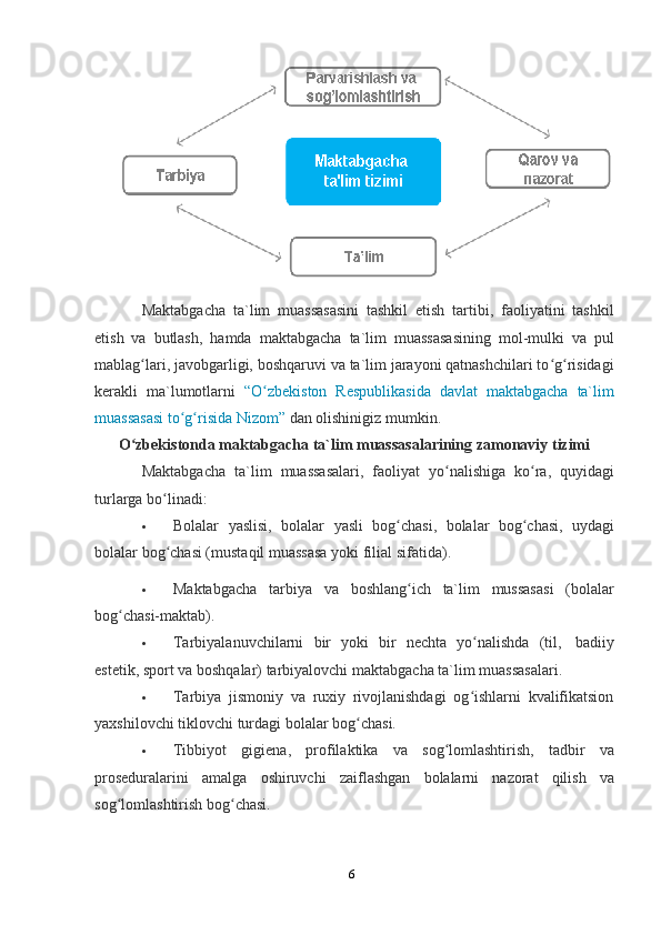 6Maktabgacha   ta`lim   muassasasini   tashkil   etish   tartibi,   faoliyatini   tashkil
etish   va   butlash,   hamda   maktabgacha   ta`lim   muassasasining   mol-mulki   va   pul
mablag lari, javobgarligi, boshqaruvi va ta`lim jarayoni qatnashchilari to g risidagiʻ ʻ ʻ
kerakli   ma`lumotlarni   “O zbekiston	
ʻ   Respublikasida   davlat   maktabgacha   ta`lim
muassasasi to g risida Nizom”	
ʻ ʻ   dan   olishinigiz   mumkin.
O zbekistonda	
ʻ   maktabgacha   ta`lim   muassasalarining   zamonaviy   tizimi
Maktabgacha   ta`lim   muassasalari,   faoliyat   yo nalishiga	
ʻ   ko ra,	ʻ   quyidagi
turlarga   bo linadi:	
ʻ
 Bolalar   yaslisi,   bolalar   yasli   bog chasi,	
ʻ   bolalar   bog chasi,	ʻ   uydagi
bolalar   bog chasi (mustaqil	
ʻ   muassasa   yoki   filial sifatida).
 Maktabgacha   tarbiya   va   boshlang ich	
ʻ   ta`lim   mussasasi   (bolalar
bog chasi-maktab).	
ʻ
 Tarbiyalanuvchilarni   bir   yoki   bir   nechta   yo nalishda	
ʻ   (til,   badiiy
estetik,   sport va   boshqalar)   tarbiyalovchi   maktabgacha   ta`lim   muassasalari.
 Tarbiya   jismoniy   va   ruxiy   rivojlanishdagi   og ishlarni   kvalifikatsion
ʻ
yaxshilovchi tiklovchi   turdagi bolalar bog chasi.	
ʻ
 Tibbiyot   gigiena,   profilaktika   va   sog lomlashtirish,	
ʻ   tadbir   va
proseduralarini   amalga   oshiruvchi   zaiflashgan   bolalarni   nazorat   qilish   va
sog lomlashtirish bog chasi.	
ʻ ʻ 