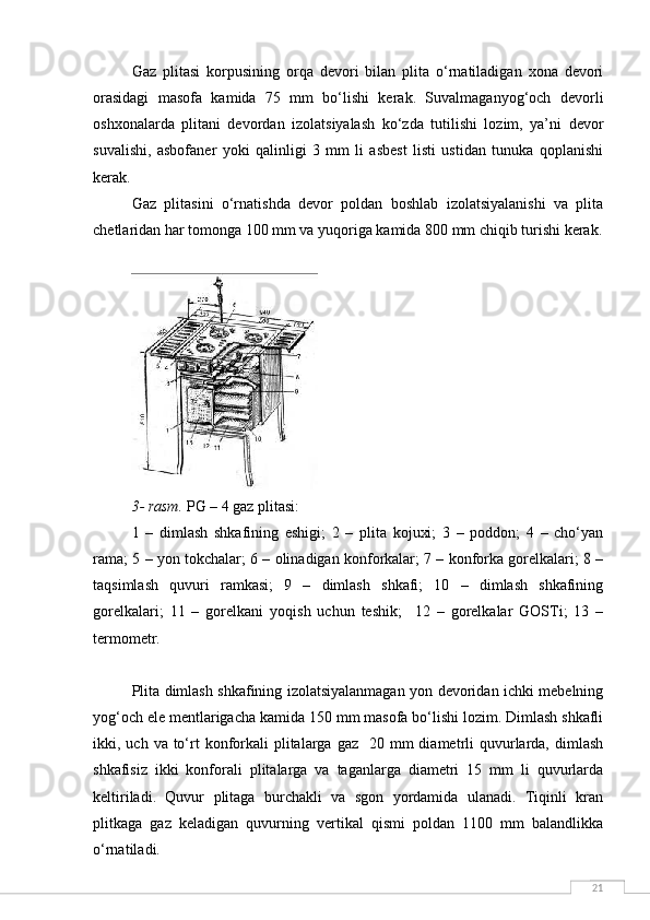 21Gaz   plitasi   korpusining   orqa   devori   bilan   plita   o‘rnatiladigan   xona   devori
orasidagi   masofa   kamida   75   mm   bo‘lishi   kerak.   Suvalmaganyog‘och   devorli
oshxonalarda   plitani   devordan   izolatsiyalash   ko‘zda   tutilishi   lozim,   ya’ni   devor
suvalishi,   asbofaner   yoki   qalinligi   3   mm   li   asbest   listi   ustidan   tunuka   qoplanishi
kerak.
Gaz   plitasini   o‘rnatishda   devor   poldan   boshlab   izolatsiyalanishi   va   plita
chetlaridan har tomonga 100 mm va yuqoriga kamida 800 mm chiqib turishi kerak.
3- rasm.  PG – 4 gaz plitasi:
1   –   dimlash   shkafining   eshigi;   2   –   plita   kojuxi;   3   –   poddon;   4   –   cho‘yan
rama; 5 – yon tokchalar; 6 – olinadigan konforkalar; 7 – konforka gorelkalari; 8 –
taqsimlash   quvuri   ramkasi;   9   –   dimlash   shkafi;   10   –   dimlash   shkafining
gorelkalari;   11   –   gorelkani   yoqish   uchun   teshik;     12   –   gorelkalar   GOSTi;   13   –
termometr.
Plita dimlash shkafining izolatsiyalanmagan yon devoridan ichki mebelning
yog‘och ele mentlarigacha kamida 150 mm masofa bo‘lishi lozim. Dimlash shkafli
ikki, uch  va to‘rt   konforkali   plitalarga  gaz   20  mm  diametrli  quvurlarda,  dimlash
shkafisiz   ikki   konforali   plitalarga   va   taganlarga   diametri   15   mm   li   quvurlarda
keltiriladi.   Quvur   plitaga   burchakli   va   sgon   yordamida   ulanadi.   Tiqinli   kran
plitkaga   gaz   keladigan   quvurning   vertikal   qismi   poldan   1100   mm   balandlikka
o‘rnatiladi. 