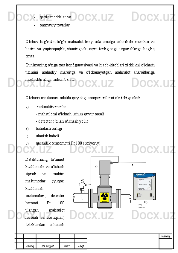  qattiq moddalar va
 ommaviy tovarlar
O'lchov   to'g'ridan-to'g'ri   mahsulot   liniyasida   amalga   oshirilishi   mumkin   va
bosim   va   yopishqoqlik,   shuningdek,   oqim   tezligidagi   o'zgarishlarga   bog'liq
emas.
Qurilmaning o'ziga xos konfiguratsiyasi va hisob-kitoblari zichlikni o'lchash
tizimini   mahalliy   sharoitga   va   o'lchanayotgan   mahsulot   sharoitlariga
moslashtirishga imkon beradi.
O'lchash moslamasi odatda quyidagi komponentlarni o'z ichiga oladi:
a) -radioaktiv manba
- mahsulotni o'lchash uchun quvur orqali
- detector ( bilan o'lchash yo'li)
b) baholash birligi
c) ulanish kabeli
d) qarshilik termometri Pt 100 (ixtiyoriy)
Detektorning   ta'minot
kuchlanishi va o'lchash
signali   va   muhim
ma'lumotlar   (yuqori
kuchlanish
sozlamalari,   detektor
harorati,   Pt   100
ulangan   mahsulot
harorati   va   boshqalar)
detektordan   baholash
varoq
varoq №   hujjat . imzo vaqta)	c)	
d)	
RADIOAKTİV	b)	
 BERTOLD	
LB 444 - 1 V 1,0
Zichlik - Metr
va 
bos
hq
alar
.kiriting
aniq yugurish 