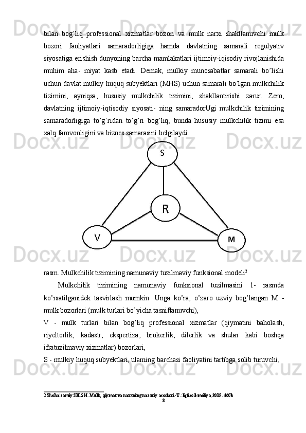 bilan   bog’liq   professional   xizmatlar   bozori   va   mulk   narxi   shakllanuvchi   mulk
bozori   faoliyatlari   samaradorligiga   hamda   davlatning   samarali   regulyativ
siyosatiga erishish dunyoning barcha mamlakatlari ijtimoiy-iqisodiy rivojlanishida
muhim   aha-   miyat   kasb   etadi.   Demak,   mulkiy   munosabatlar   samarali   bo’lishi
uchun davlat mulkiy huquq subyektlari (MHS) uchun samarali bo’lgan mulkchilik
tizimini,   ayniqsa,   hususiy   mulkchilik   tizimini,   shakllantirishi   zarur.   Zero,
davlatning   ijtimoiy-iqtisodiy   siyosati-   ning   samaradorUgi   mulkchilik   tizimining
samaradorligiga   to’g’ridan   to’g’ri   bog’liq,   bunda   hususiy   mulkchilik   tizimi   esa
xalq farovonligini va biznes samarasini belgilaydi.
rasm. Mulkchilik tizimining namunaviy tuzilmaviy funksional modeli 2
    Mulkchilik   tizimining   namunaviy   funksional   tuzilmasini   1-   rasmda
ko’rsatilganidek   tasvirlash   mumkin.   Unga   ko’ra,   o’zaro   uzviy   bog’langan   M   -
mulk bozorlari (mulk turlari bo’yicha tasniflanuvchi),
V   -   mulk   turlari   bilan   bog’liq   professional   xizmatlar   (qiymatini   baholash,
riyeltorlik,   kadastr,   ekspertiza,   brokerlik,   dilerlik   va   shular   kabi   boshqa
ifratuzilmaviy xizmatlar) bozorlari,
S - mulkiy huquq subyektlari, ulaming barchasi faoliyatini tartibga solib turuvchi,
2 Shoha’zamiy SH.SH. Mulk, qiymat va narxning nazariy asoslari.-T.:Iqtisod-moliya,2015. 460b
8 