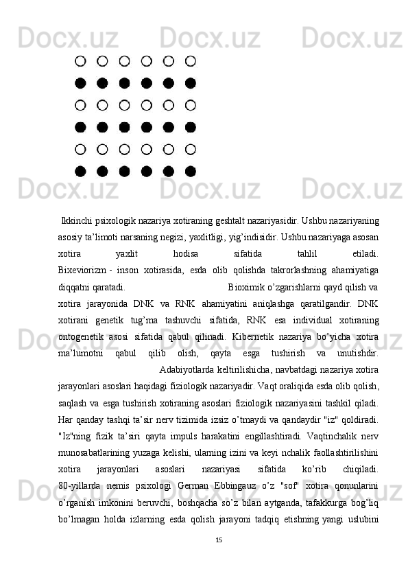  Ikkinchi psixologik nazariya xotiraning geshtalt nazariyasidir. Ushbu nazariyaning
asosiy ta’limoti narsaning negizi, yaxlitligi, yig’indisidir. Ushbu nazariyaga asosan
xotira   yaxlit   hodisa   sifatida   tahlil   etiladi.
Bixeviorizm   -   inson   xotirasida ,   esda   olib   qolishda   takrorlashning   ahamiyatiga
diqqatni qaratadi.                                      Bioximik o’zgarishlarni qayd qilish va
xotira   jarayonida   DNK   va   RNK   ahamiyatini   aniqlashga   qaratilgandir.   DNK
xotirani   genetik   tug’ma   tashuvchi   sifatida,   RNK   esa   individual   xotiraning
ontogenetik   asosi   sifatida   qabul   qilinadi.   Kibernetik   nazariya   bo’yicha   xotira
ma’lumotni   qabul   qilib   olish,   qayta   esga   tushirish   va   unutishdir.
                                                                   Adabiyotlarda keltirilishicha, navbatdagi nazariya xotira
jarayonlari asoslari haqidagi fiziologik nazariyadir. Vaqt   oraliqida esda olib qolish ,
saqlash  va  esga  tushirish  xotiraning  asoslari   fiziologik  nazariyasini   tashkil   qiladi.
Har qanday tashqi ta’sir nerv tizimida izsiz o’tmaydi va qandaydir "iz" qoldiradi.
"Iz"ning   fizik   ta’siri   qayta   impuls   harakatini   engillashtiradi.   Vaqtinchalik   nerv
munosabatlarining yuzaga kelishi, ularning izini va keyi nchalik faollashtirilishini
xotira   jarayonlari   asoslari   nazariyasi   sifatida   ko’rib   chiqiladi.
80-yillarda   nemis   psixologi   German   Ebbingauz   o’z   "sof"   xotira   qonunlarini
o’rganish   imkonini   beruvchi,   boshqacha   so’z   bilan   aytganda,   tafakkurga   bog’liq
bo’lmagan   holda   izlarning   esda   qolish   jarayoni   tadqiq   etishning   yangi   uslubini
15 