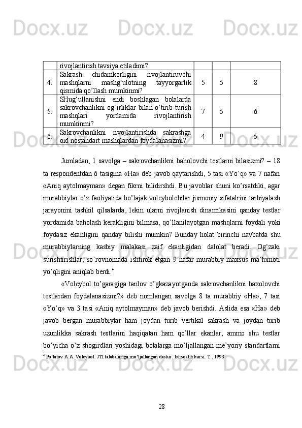 rivojlantirish tavsiya etiladimi?
4. Sakrash   chidamkorligini   rivojlantiruvchi
mashqlarni   mashg‘ulotning   tayyorgarlik
qismida qo’llash mumkinmi? 5 5 8
5. SHug‘ullanishni   endi   boshlagan   bolalarda
sakrovchanlikni og‘irliklar bilan o’tirib-turish
mashqlari   yordamida   rivojlantirish
mumkinmi? 7 5 6
6. Sakrovchanlikni   rivojlantirishda   sakrashga
oid nostandart mashqlardan foydalanasizmi? 4 9 5
Jumladan, 1 savolga – sakrovchanlikni  baholovchi testlarni bilasizmi? – 18
ta respondentdan 6 tasigina «Ha» deb javob qaytarishdi, 5 tasi «Yo’q» va 7 nafari
«Aniq aytolmayman» degan fikrni bilidirshdi. Bu javoblar shuni ko’rsatdiki, agar
murabbiylar o’z faoliyatida bo’lajak voleybolchilar jismoniy sifatalrini tarbiyalash
jarayonini   tashkil   qilsalarda,   lekin   ularni   rivojlanish   dinamikasini   qanday   testlar
yordamida baholash kerakligini bilmasa, qo’llanilayotgan mashqlarni foydali yoki
foydasiz   ekanligini   qanday   bilishi   mumkin?   Bunday   holat   birinchi   navbatda   shu
murabbiylarning   kasbiy   malakasi   zaif   ekanligidan   dalolat   beradi.   Og‘zaki
surishtirishlar,   so’rovnomada   ishtirok   etgan   9   nafar   murabbiy   maxsus   ma’lumoti
yo’qligini aniqlab berdi. 4
«Voleybol   to’garagiga   tanlov   o’gkazayotganda   sakrovchanlikni   baxolovchi
testlardan   foydalanasizmi ? »   deb   nomlangan   savolga   8   ta   murabbiy   «Ha»,   7   tasi
«Yo’q»   va   3   tasi   «Aniq   aytolmayman»   deb   javob   berishdi.   Aslida   esa   «Ha»   deb
javob   bergan   murabbiylar   ham   joydan   turib   vertikal   sakrash   va   joydan   turib
uzunlikka   sakrash   testlarini   haqiqatan   ham   qo’llar   ekanlar,   ammo   shu   testlar
bo’yicha  o’z shogirdlari  yoshidagi  bolalarga mo’ljallangan me’yoriy standartlarni
4
 Po‘latov A.A. Voleybol. JTI talabalariga mo‘ljallangan dastur.  Ixtisoslik kursi. T., 1993.
28 