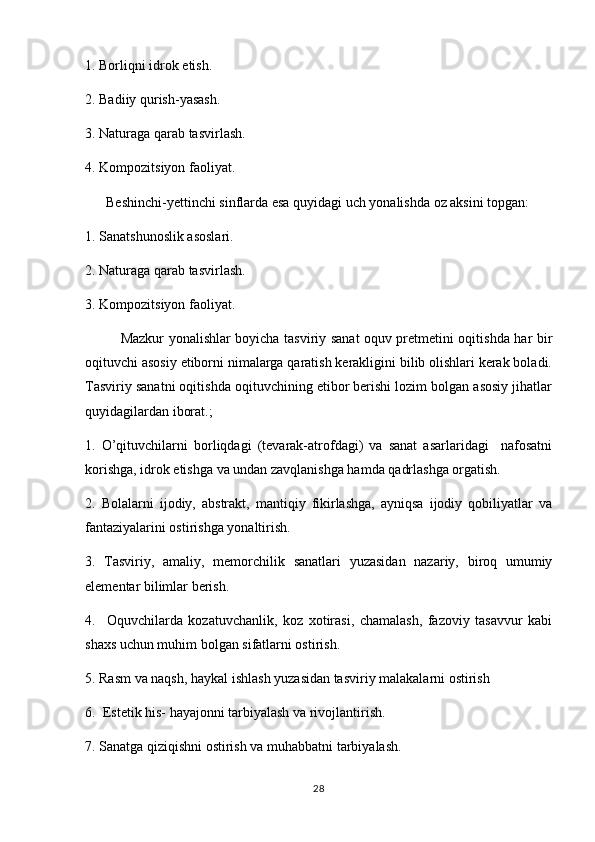 1. Borliqni idrok etish.
2. Badiiy  qu rish-yasash. 
3. Naturaga qarab tasvirlash.
4. Kompozitsiyon faoliyat. 
       Beshinchi-yettinchi sinflarda esa q u yidagi uch yonalishda oz aksini topgan: 
1. Sanatshunoslik asoslari. 	

2. Naturaga qarab tasvirlash.
3. Kompozitsiyon faoliyat.
     Mazkur yonalishlar boyicha tasviriy sanat oquv pretmetini oqitishda har bir	
    
oqituvchi asosiy etiborni nimalarga qaratish kerakligini bilib olishlari kerak boladi.	
 
Tasviriy sanatni oqitishda oqituvchining etibor berishi lozim bolgan asosiy jihatlar	
    
quyidagilardan iborat.;
1.   O’qituvchilarni   borliqdagi   (tevarak-atrofdagi)   va   sanat   asarlaridagi     nafosatni	

korishga, idrok etishga va undan zavqlanishga hamda qadrlashga orgatish.	
 
2.   Bolalarni   ijodiy,   abstrakt,   mantiqiy   fikirlashga,   ayniqsa   ijodiy   qobiliyatlar   va
fantaziyalarini ostirishga yonaltirish.	
 
3.   Tasviriy,   amaliy,   memorchilik   sanatlari   yuzasidan   nazariy,   biroq   umumiy	

elementar bilimlar berish.
4.     Oquvchilarda   kozatuvchanlik,   koz   xotirasi,   chamalash,   fazoviy   tasavvur   kabi	
  
shaxs uchun muhim bolgan sifatlarni ostirish.	
 
5. Rasm va naqsh, haykal ishlash yuzasidan tasviriy malakalarni ostirish	

6.  Estetik his- hayajonni tarbiyalash va rivojlantirish.
7. Sanatga qiziqishni ostirish va muhabbatni tarbiyalash.	
 
28 