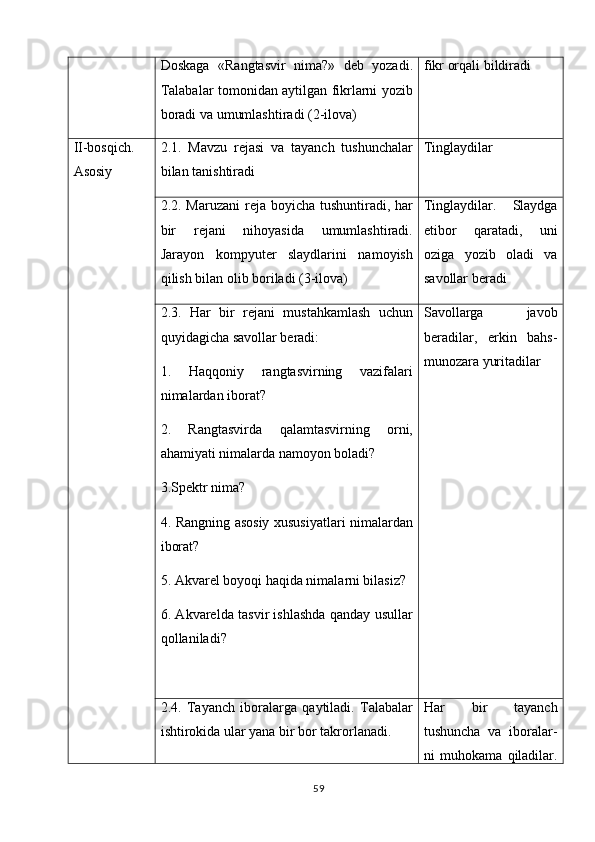 Doskaga   «Rangtasvir   nima?»   deb   yozadi.
Talabalar tomonidan aytilgan fikrlarni yozib
boradi va umumlashtiradi (2-ilova) fikr orqali bildiradi
II-bosqich.
Asosiy 2.1.   Mavzu   rejasi   va   tayanch   tushunchalar
bilan tanishtiradi Tinglaydilar
2.2. Maruzani  reja boyicha tushuntiradi, har 
bir   rejani   nihoyasida   umumlashtiradi.
Jarayon   kompyuter   slaydlarini   namoyish
qilish bilan olib boriladi (3-ilova) Tinglaydilar.   Slaydga
etibor   qaratadi,   uni	

oziga   yozib   oladi   va

savollar beradi
2.3.   Har   bir   rejani   mustahkamlash   uchun
quyidagicha savollar beradi:
1.   Haqqoniy   rangtasvirning   vazifalari
nimalardan iborat?
2.   Rangtasvirda   qalamtasvirning   orni,	

ahamiyati nimalarda namoyon boladi?	

3.Spektr nima?	
 
4. Rangning asosiy xususiyatlari nimalardan
iborat?
5. Akvarel boyoqi haqida nimalarni bilasiz?	

6. Akvarelda tasvir ishlashda qanday usullar
qollaniladi?	
 Savollarga   javob
beradilar,   erkin   bahs-
munozara yuritadilar
2.4.   Tayanch   iboralarga   qaytiladi.   Talabalar
ishtirokida ular yana bir bor takrorlanadi.  Har   bir   tayanch
tushuncha   va   iboralar-
ni   muhokama   qiladilar.
59 