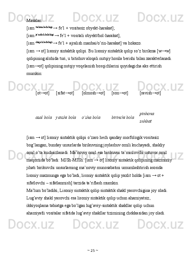 Masalan: 
[ism  tushum kelishigi 
→ fe’l  +  vositasiz obyekt-harakat]; 
[ism  jo’nalish kelishigi 
→ fe’l  +  vositali obyekt/hol-harakat]; 
[ism  chiqish kelishigi 
→ fe’l  +  ajralish manbai/o’rin-harakat] va hokazo. 
[ism → ot] lisoniy sintaktik qolipi. Bu lisoniy sintaktik qolip so’z birikma [w→w] 
qolipining alohida turi, u bitishuv aloqali nutqiy hosila berishi bilan xarakterlanadi.
[ism→ot] qolipining nutqiy voqelanish bosqichlarini quyidagicha aks ettirish 
mumkin:
[ot→ot]  [sifat→ot]  [olmosh→ot]  [son→ot]  [ravish→ot] 
asal bola yaxshi bola   o’sha bola   birinchi bola   pinhona 
suhbat  
[ ism  →  ot ]  lisoniy   sintaktik   qolipi   o ’ zaro   hech   qanday   morfologik   vositasiz  
bog ’ langan ,  bunday   unsurlarda   birikuvning   joylashuv   omili   kuchayadi ,  shakliy  
omil   o ’ ta   kuchsizlanadi .  Ma ’ noviy   omil   esa   birikuvni   ta ’ minlovchi   ustuvor   omil  
maqomida   bo ’ ladi :  MJSh - MJSh . [ ism  →  ot ]  lisoniy   sintaktik   qolipining   mazmuniy
jihati   birikuvchi   unsurlarning   ma ’ noviy   munosabatini   umumlashtirish   asosida  
lisoniy   mazmunga   ega   bo ’ ladi ,  lisoniy   sintaktik   qolip   yaxlit   holda  [ ism  →  ot  + 
sifatlovchi  –  sifatlanmish ]  tarzida   ta ’ riflash   mumkin .
Ma’lum bo’ladiki, Lisoniy sintaktik qolip sintaktik shakl yasovchigina joy oladi. 
Lug’aviy shakl yasovchi esa lisoniy sintaktik qolip uchun ahamiyatsiz, 
ikkiyoqlama tabiatga ega bo’lgan lug’aviy-sintaktik shakllar qolip uchun 
ahamiyatli vositalar sifatida lug’aviy shakllar tizimining chekkasidan joy oladi.
~  25  ~ 