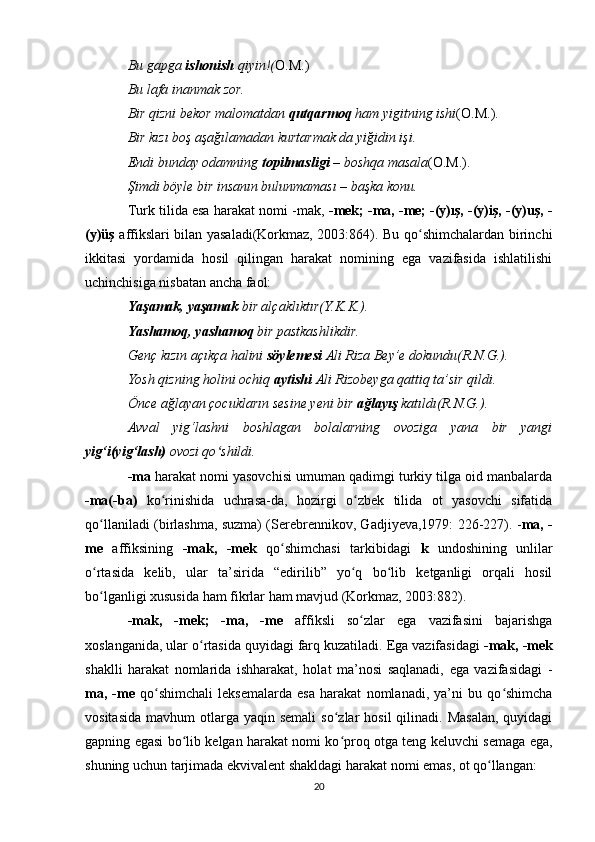 Bu gapga  ishonish  qiyin!( O.M.) 
Bu lafa inanmak zor. 
Bir qizni bekor malomatdan  qutqarmoq  ham yigitning ishi (O.M.).  
Bir kızı boş aşağılamadan kurtarmak da yiğidin işi. 
Endi bunday odamning  topilmasligi  – boshqa masala (O.M.).  
Şimdi böyle bir insanın bulunmaması – başka konu. 
Turk tilida esa harakat nomi -mak,  -mek; -ma, -me; -(y)ış, -(y)iş, -(y)uş, -
(y)üş   affikslari bilan yasaladi(Korkmaz, 2003:864). Bu qo shimchalardan birinchiʻ
ikkitasi   yordamida   hosil   qilingan   harakat   nomining   ega   vazifasida   ishlatilishi
uchinchisiga nisbatan ancha faol: 
Yaşamak, yaşamak  bir alçaklıktır(Y.K.K.). 
Yashamoq, yashamoq  bir pastkashlikdir. 
Genç kızın açıkça halini  söylemesi  Ali Riza Bey’e dokundu(R.N.G.). 
Yosh qizning holini ochiq  aytishi  Ali Rizobeyga qattiq ta’sir qildi. 
Önce ağlayan çocukların sesine yeni bir  ağlayış  katıldı(R.N.G.). 
Avval   yig‘lashni   boshlagan   bolalarning   ovoziga   yana   bir   yangi
yig‘i(yig‘lash)  ovozi qo shildi. 	
ʻ
-ma  harakat nomi yasovchisi umuman qadimgi turkiy tilga oid manbalarda
-ma(-ba)   ko rinishida   uchrasa-da,   hozirgi   o zbek   tilida   ot   yasovchi   sifatida	
ʻ ʻ
qo llaniladi (birlashma, suzma) (Serebrennikov, Gadjiyeva,1979: 226-227). -	
ʻ ma, -
me   affiksining   -mak,   -mek   qo shimchasi   tarkibidagi  	
ʻ k   undoshining   unlilar
o rtasida   kelib,   ular   ta’sirida   “edirilib”   yo q   bo lib   ketganligi   orqali   hosil	
ʻ ʻ ʻ
bo lganligi xususida ham fikrlar ham mavjud (Korkmaz, 2003:882). 
ʻ
-mak,   -mek;   -ma,   -me   affiksli   so zlar   ega   vazifasini   bajarishga	
ʻ
xoslanganida, ular o rtasida quyidagi farq kuzatiladi. Ega vazifasidagi	
ʻ  -mak, -mek
shaklli   harakat   nomlarida   ishharakat,   holat   ma’nosi   saqlanadi,   ega   vazifasidagi   -
ma,   -me   qo shimchali   leksemalarda   esa   harakat   nomlanadi,   ya’ni   bu   qo shimcha	
ʻ ʻ
vositasida  mavhum   otlarga  yaqin  semali   so zlar  hosil  qilinadi. Masalan,  quyidagi	
ʻ
gapning egasi bo lib kelgan harakat nomi ko proq otga teng keluvchi semaga ega,	
ʻ ʻ
shuning uchun tarjimada ekvivalent shakldagi harakat nomi emas, ot qo llangan:	
ʻ
20 