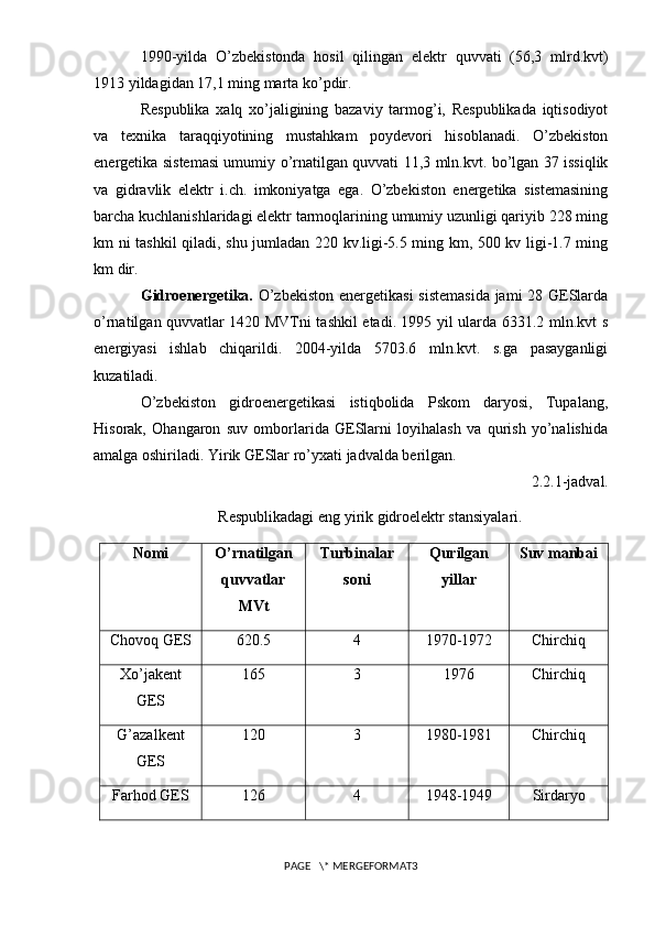 1990 - yilda   O’zbekistonda   hosil   qilingan   elektr   quvvati   (56,3   mlrd.kvt)
1913 yildagidan 17,1 ming marta ko’pdir.
Respublika   xalq   xo’jaligining   bazaviy   tarmog’i,   Respublikada   iqtisodiyot
va   texnika   taraqqiyotining   mustahkam   poydevori   hisoblanadi.   O’zbekiston
energetika sistemasi umumiy o’rnatilgan quvvati 11,3 mln.kvt. bo’lgan 37 issiqlik
va   gidravlik   elektr   i.ch.   imkoniyatga   ega.   O’zbekiston   energetika   sistemasining
barcha kuchlanishlaridagi elektr tarmoqlarining umumiy uzunligi qariyib 228 ming
km ni tashkil qiladi, shu jumladan 220 kv.ligi-5.5 ming km, 500 kv ligi-1.7 ming
km dir.
Gidroenergetika.   O’zbekiston  energetikasi  sistemasida  jami  28 GESlarda
o’rnatilgan quvvatlar 1420 MVTni tashkil etadi. 1995 yil ularda 6331.2 mln.kvt s
energiyasi   ishlab   chiqarildi.   2004-yilda   5703.6   mln.kvt.   s.ga   pasayganligi
kuzatiladi.
O’zbekiston   gidroenergetikasi   istiqbolida   Pskom   daryosi,   Tupalang,
Hisorak,   Ohangaron   suv   omborlarida   GESlarni   loyihalash   va   qurish   yo’nalishida
amalga oshiriladi. Yirik GESlar r o’ yxati jadvalda berilgan.
2.2.1 -ja d val .
Respublikadagi eng yirik gidroelektr stansiyalari.
Nomi О’rnаtilgаn
quvvаtlаr
MVt Turbinаlаr
soni Qurilgаn
yillаr Suv mаnbаi
Chovoq GES 620.5 4 1970-1972 Chirchiq
Xо’jаkent
GES 165 3 1976 Chirchiq
G’аzаlkent
GES 120 3 1980-1981 Chirchi q
Fаrhod GES 126 4 1948-1949 Sirdаryo
PAGE   \* MERGEFORMAT3 
