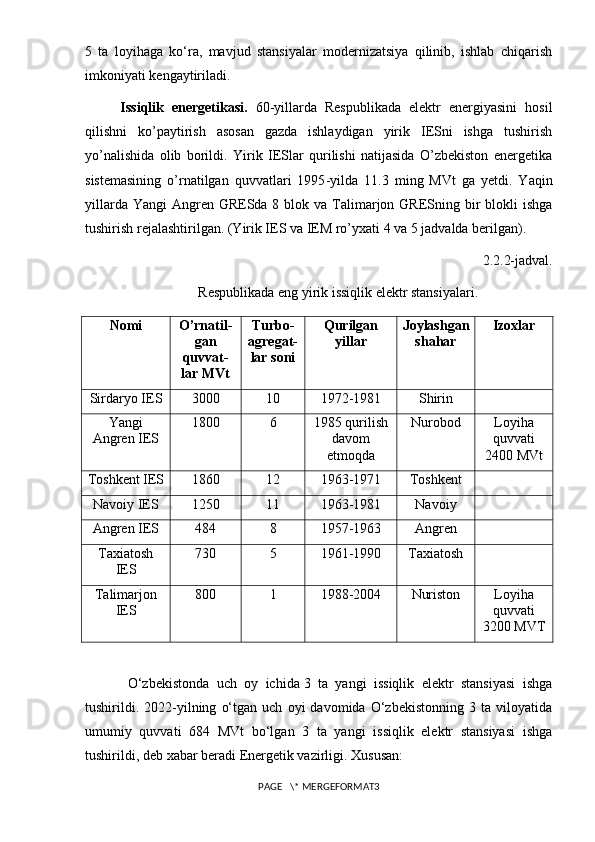 5   ta   loyihaga   ko‘ra,   mavjud   stansiyalar   modernizatsiya   qilinib,   ishlab   chiqarish
imkoniyati kengaytiriladi.
Issiqlik   energetikasi.   60-yillarda   Respublikada   elektr   energiyasini   hosil
qilishni   ko’paytirish   asosan   gazda   ishlaydigan   yirik   IESni   ishga   tushirish
yo’nalishida   olib   borildi.   Yirik   IESlar   qurilishi   natijasida   O’zbekiston   energetika
sistemasining   o’rnatilgan   quvvatlari   1995 - yilda   11.3   ming   MVt   ga   yetdi.   Yaqin
yillarda Yangi  Angren GRESda 8 blok va  Talimarjon GRESning bir  blokli  ishga
tushirish rejalashtirilgan. (Yirik IES va IEM ro’yxati 4 va 5 jadvalda berilgan).
2.2.2-jаdvаl.
 Respublikаdа eng yirik issiqlik elektr stаnsiyalаri.
Nomi О’rnаtil -
gаn
quvvаt -
lаr MVt Turbo-
аgregаt-
lаr soni Qurilgаn
yillаr Joylаshgаn
shаhаr Izoxlаr
Sirdаryo IES 3000 10 1972-1981 Shirin
Yangi
Аngren IES 1800 6 1985 qurilish
dа vom
etmo qdа Nurobod Loyihа
quvvаti
2400 MVt
Toshkent IES 1860 12 1963-1971 Toshkent
Nаvoiy IES 1250 11 1963-1981 Nаvoiy
Аngren IES 484 8 1957-1963 Аngren
Tаxiаtosh
IES 730 5 1961-1990 Tаxiаtosh
Tаlimаrjon
IES 800 1 1988-2004 Nuriston Loyihа
quvvаti
3200 MVT
O‘zbekistonda   uch   oy   ichida   3   ta   yangi   issiqlik   elektr   stansiyasi   ishga
tushirildi.   2022-yilning   o‘tgan   uch   oyi   davomida   O‘zbekistonning   3   ta   viloyatida
umumiy   quvvati   684   MVt   bo‘lgan   3   ta   yangi   issiqlik   elektr   stansiyasi   ishga
tushirildi, deb   xabar beradi   Energetik vazirligi. Xususan:
PAGE   \* MERGEFORMAT3 