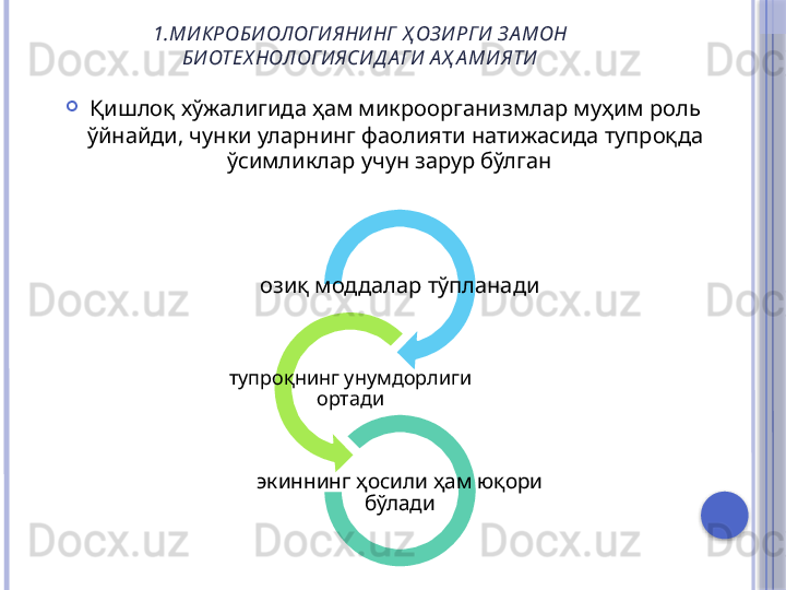 1.МИ КРОБИ ОЛОГИЯНИ НГ  Ҳ ОЗ ИРГИ  З А МОН 
БИ ОТЕХ НОЛОГИ ЯСИ Д А ГИ  А Ҳ А МИ ЯТИ

Қишлоқ хўжалигида ҳам микроорганизмлар муҳим роль 
ўйнайди, чунки уларнинг фаолияти натижасида тупроқда 
ўсимликлар учун зарур бўлган  
озиқ моддалар тўпланади
тупроқнинг унумдорлиги 
ортади
экиннинг ҳосили ҳам юқори 
бўлади     