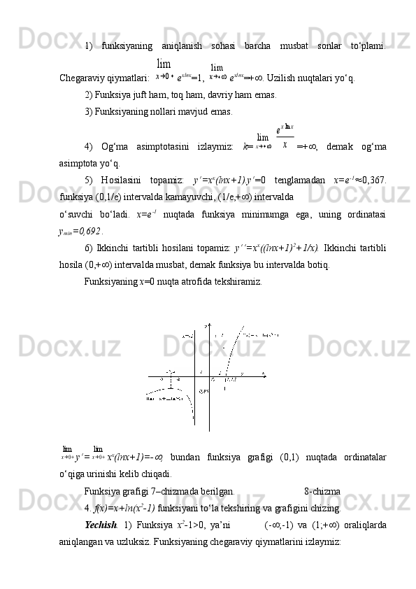 1)   funksiyaning   aniqlanish   sohasi   barcha   musbat   sonlar   to‘plami.
Chegaraviy qiymatlari: lim
x→0+ e xlnx
=1, 	
lim
x→+∞ e xlnx
=+  . Uzilish nuqtalari yo‘q.
2) Funksiya juft ham, toq ham, davriy ham emas.
3) Funksiyaning nollari mavjud emas.
4)   Og‘ma   asimptotasini   izlaymiz:   k =	
lim
x→+∞	
exlnx	
x =+  ,   demak   og‘ma
asimptota yo‘q.
5)   Hosilasini   topamiz:   y’=x x
(lnx+1).y’ =0   tenglamadan   x=e -1
 0,367.
funksiya (0,1/e) intervalda kamayuvchi, (1/e,+  ) intervalda 
o‘suvchi   bo‘ladi.   x=e -1
  nuqtada   funksiya   minimumga   ega,   uning   ordinatasi
y
min =0,692 .
6)   Ikkinchi   tartibli   hosilani   topamiz:   y’’=x x
((lnx+1) 2
+1/x).   Ikkinchi   tartibli
hosila (0,+  ) intervalda musbat, demak funksiya bu intervalda botiq.
Funksiyaning  x =0 nuqta atrofida tekshiramiz.   	
limx→0+
y’=	limx→0+ x x
(lnx+1)=-	 ,   bundan   funksiya   grafigi   (0,1)   nuqtada   ordinatalar
o‘qiga urinishi kelib chiqadi.
Funksiya grafigi 7–chizmada berilgan.                            8 - chizma
4.  f(x)=x+ln(x 2
-1)  funksiyani to‘la tekshiring va grafigini chizing.
Yechish .   1)   Funksiya   x 2
- 1>0,   ya’ni               (-  ;-1)   va   (1;+  )   oraliqlarda
aniqlangan va uzluksiz. Funksiyaning chegaraviy qiymatlarini izlaymiz: 