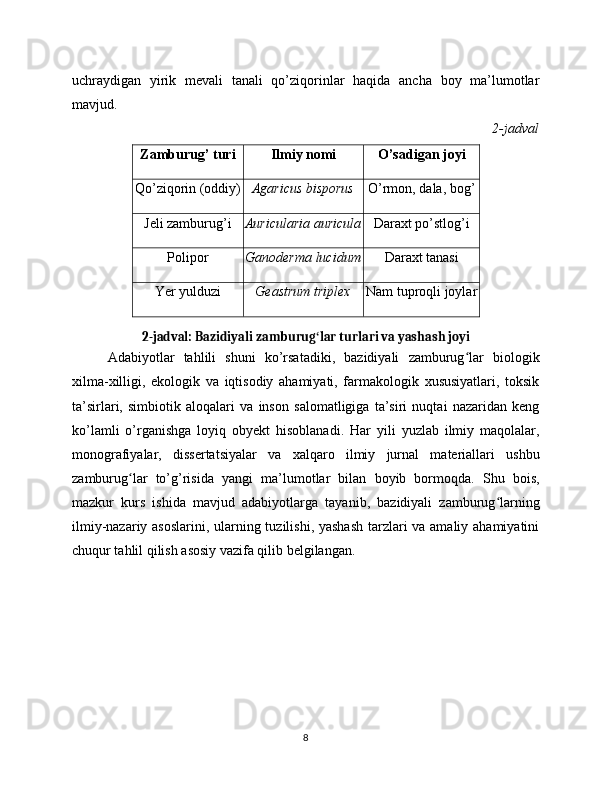 uchraydigan   yirik   mevali   tanali   qo’ziqorinlar   haqida   ancha   boy   ma’lumotlar
mavjud.
2-jadval
Zamburug’ turi Ilmiy nomi O’sadigan joyi
Qo’ziqorin (oddiy) Agaricus bisporus O’rmon, dala, bog’
Jeli zamburug’i Auricularia auricula Daraxt po’stlog’i
Polipor Ganoderma lucidum Daraxt tanasi
Yer yulduzi Geastrum triplex Nam tuproqli joylar
2-jadval: Bazidiyali zamburug lar turlari va yashash joyiʻ
Adabiyotlar   tahlili   shuni   ko’rsatadiki,   bazidiyali   zamburug lar   biologik	
ʻ
xilma-xilligi,   ekologik   va   iqtisodiy   ahamiyati,   farmakologik   xususiyatlari,   toksik
ta’sirlari,   simbiotik   aloqalari   va   inson   salomatligiga   ta’siri   nuqtai   nazaridan   keng
ko’lamli   o’rganishga   loyiq   obyekt   hisoblanadi.   Har   yili   yuzlab   ilmiy   maqolalar,
monografiyalar,   dissertatsiyalar   va   xalqaro   ilmiy   jurnal   materiallari   ushbu
zamburug lar   to’g’risida   yangi   ma’lumotlar   bilan   boyib   bormoqda.   Shu   bois,	
ʻ
mazkur   kurs   ishida   mavjud   adabiyotlarga   tayanib,   bazidiyali   zamburug larning	
ʻ
ilmiy-nazariy asoslarini, ularning tuzilishi, yashash tarzlari  va amaliy ahamiyatini
chuqur tahlil qilish asosiy vazifa qilib belgilangan.
8 