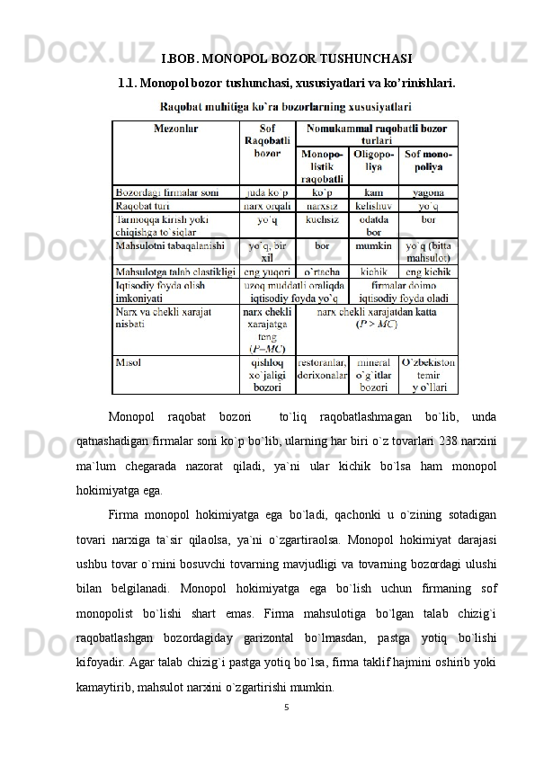 I.BOB.  MONOPOL BOZOR TUSHUNCHASI
1.1. Monopol bozor tushunchasi, xususiyatlari va ko’rinishlari.
Monopol   raqobat   bozori     to`liq   raqobatlashmagan   bo`lib,   unda
qatnashadigan firmalar soni ko`p bo`lib, ularning har biri o`z tovarlari 238 narxini
ma`lum   chegarada   nazorat   qiladi,   ya`ni   ular   kichik   bo`lsa   ham   monopol
hokimiyatga ega.
Firma   monopol   hokimiyatga   ega   bo`ladi,   qachonki   u   o`zining   sotadigan
tovari   narxiga   ta`sir   qilaolsa,   ya`ni   o`zgartiraolsa.   Monopol   hokimiyat   darajasi
ushbu   tovar   o`rnini   bosuvchi   tovarning   mavjudligi   va   tovarning   bozordagi   ulushi
bilan   belgilanadi.   Monopol   hokimiyatga   ega   bo`lish   uchun   firmaning   sof
monopolist   bo`lishi   shart   emas.   Firma   mahsulotiga   bo`lgan   talab   chizig`i
raqobatlashgan   bozordagiday   garizontal   bo`lmasdan,   pastga   yotiq   bo`lishi
kifoyadir. Agar talab chizig`i pastga yotiq bo`lsa, firma taklif hajmini oshirib yoki
kamaytirib, mahsulot narxini o`zgartirishi mumkin.
5 