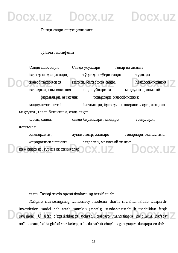 Ташқи савдо операцияларини
бўйича таснифлаш
Савдо шакллари: Савдо усуллари: Товар ва хизмат
бартер операциялари, тўғридан-тўғри савдо турлари:
жавоб тариқасида қилиш, билвосита савдо, Машина-техника
харидлар, компенсация савдо уйлари ва маҳсулоти, хомашё
фирмалари, агентлик товарлари, илмий-техник
маҳсулотни сотиб битимлари, брокерлик операциялари, халқаро
маҳсулот, товар белгилари, озиқ-овқат
олиш, саноат савдо биржалари, халқаро товарлари,
истеъмол
ҳамкорлиги, аукционлар, халқаро товарлари, консалтинг,
«продакшен шеринг» савдолар, молиявий лизинг
инжиниринг, туристик хизматлар
rasm. Tashqi savdo operatsiyalarining tasniflanishi
Xalqaro   marketingning   zamonaviy   modelini   shartli   ravishda   ishlab   chiqarish-
investitsion   model   deb   atash   mumkin   (avvalgi   savdo-vositachilik   modelidan   farqli
ravishda).   U   sifat   o‘zgarishlariga   uchradi,   xalqaro   marketingda   ko‘pincha   nafaqat
millatlararo, balki global marketing sifatida ko‘rib chiqiladigan yuqori darajaga erishdi.
22  
  