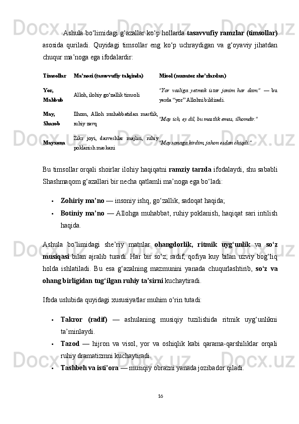            Ashula bo‘limidagi g‘azallar ko‘p hollarda  tasavvufiy ramzlar (timsollar)
asosida   quriladi.   Quyidagi   timsollar   eng   ko‘p   uchraydigan   va   g‘oyaviy   jihatdan
chuqur ma’noga ega ifodalardir:
Timsollar Ma’nosi (tasavvufiy talqinda) Misol (mumtoz she’rlardan)
Yor,
Mahbub Alloh, ilohiy go‘zallik timsoli "Yor   vasliga   yetmak   istar   jonim   har   dam."   —   bu
yerda “yor” Allohni bildiradi.
May,
Sharob Ilhom,   Alloh   muhabbatidan   mastlik,
ruhiy zavq "May ich, ey dil, bu mastlik emas, ilhomdir."
Mayxona Zikr   joyi,   darveshlar   majlisi,   ruhiy
poklanish maskani "Mayxonaga kirdim, jahon esdan chiqdi."
Bu timsollar orqali shoirlar ilohiy haqiqatni  ramziy tarzda  ifodalaydi, shu sababli
Shashmaqom g‘azallari bir necha qatlamli ma’noga ega bo‘ladi:
 Zohiriy ma’no  — insoniy ishq, go‘zallik, sadoqat haqida;
 Botiniy ma’no   — Allohga muhabbat, ruhiy poklanish,  haqiqat  sari  intilish
haqida.
Ashula   bo‘limidagi   she’riy   matnlar   ohangdorlik,   ritmik   uyg‘unlik   va   so‘z
musiqasi   bilan   ajralib   turadi.   Har   bir   so‘z,   radif,   qofiya   kuy   bilan   uzviy   bog‘liq
holda   ishlatiladi.   Bu   esa   g‘azalning   mazmunini   yanada   chuqurlashtirib,   so‘z   va
ohang birligidan tug‘ilgan ruhiy ta’sirni  kuchaytiradi.
Ifoda uslubida quyidagi xususiyatlar muhim o‘rin tutadi:
 Takror   (radif)   —   ashulaning   musiqiy   tuzilishida   ritmik   uyg‘unlikni
ta’minlaydi.
 Tazod   —   hijron   va   visol,   yor   va   oshiqlik   kabi   qarama-qarshiliklar   orqali
ruhiy dramatizmni kuchaytiradi.
 Tashbeh va isti’ora  — musiqiy obrazni yanada jozibador qiladi.
16 