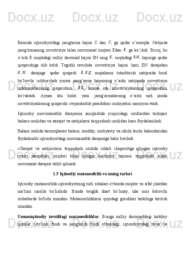 Rasmda   iqtisodiyotdagi   jamg'arma   hajmi   C   dan  C1   ga   qadar   o’smoqda.   Natijada
jamg’armaning   investitsiya   bilan   muvozanat   nuqtasi   Edan  	
E1   ga   ko’chdi.   Biroq,   bu
o’sish   E   nuqtadagi   milliy   daromad   hajmi   0N   ning  	
E1   nuqtadagi  	0N1   hajmiga   qadar
qisqarishiga   olib   keldi.   Tegishli   ravishda   investitsiya   hajmi   ham   EN   darajadan	
E1N1
  darajaga   qadar   qisqardi.  	E1E0 E   nuqtalarini   tutashtirish   natijasida   hosil
bo’luvchi   uchburchak   yuzasi   jamg’arma   hajmining   o’sishi   natijasida   investitsiya
imkoniyatlarining   qisqarishini,  	
E	E0   kesma   esa   investitsiyalaming   qisqarishini
ko’rsatadi.   Aynan   shu   holat,   yani   jamg’armalarning   o’sishi   nati   jasida
investitsiyalarning qisqarishi «tejamkorlik paradoksi» mohiyatini namoyon etadi.	
Iqtisodiy   muvozanatlik   darajasini   aniqlashda   yuqoridagi   usullardan   tashqari
balans usulidan va xarajat va natijalarni taqqoslash usulidan ham foydalaniladi.
Balans usulida tarmoqlararo balans, moddiy, moliyaviy va ishchi kuchi balanslaridan
foydalanilib iqtisodiyotdagi muvozanatlik darajasiga baho beriladi.
«Xarajat   va   natija»larni   taqqoslash   usulida   ishlab   chiqarishga   qilingan   iqtisodiy
resurs   xarajatlari   miqdori   bilan   olingan   mahsulot   hajmini   taqqoslash   orqali
muvozanat darajasi tahlil qilinadi.
1.3 Iqtisodiy mutanosiblik va uning turlari
Iqtisodiy mutanosiblik-iqtisodiyotning turli sohalari o'rtasida miqdor va sifat jihatdan
ma’lum   moslik   bo’lishidir.   Bunda   tenglik   shart   bo’lmay,   ular   mos   keluvchi
nisbatlarda   bo'lishi   mumkin.   Mutanosibliklarni   quyidagi   guruhlari   tarkibiga   kiritish
mumkin.
Umumiqtisodiy   tavsifdagi   mutanosiblildar .   Bunga   milliy   daromaddagi   tarkibiy
qismlar:   iste’mol   fondi   va   jamg'arish   fondi   o'rtasidagi;   iqtisodiyotdagi   tovar   va 