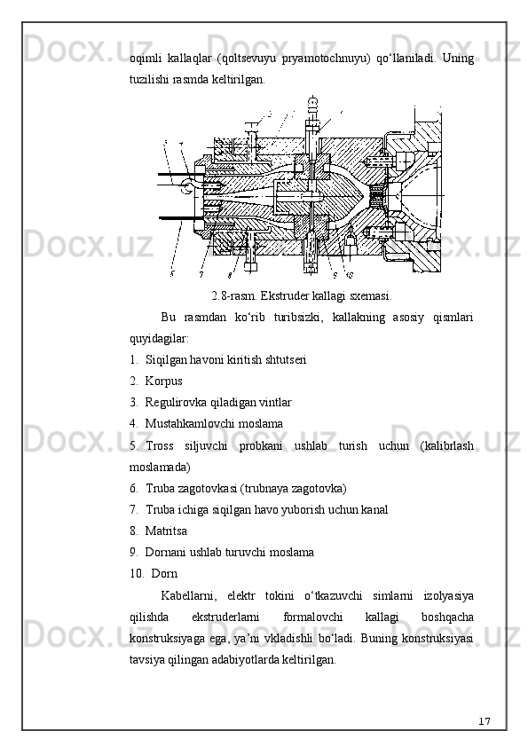 oqimli   kallaqlar   (qoltsevuyu   pryamotochnuyu)   qo‘llaniladi.   Uning
tuzilishi rasmda keltirilgan.
2.8-rasm. Ekstruder kallagi sxemasi.
Bu   rasmdan   ko‘rib   turibsizki,   kallakning   asosiy   qismlari
quyidagilar:
1. Siqilgan havoni kiritish shtutseri
2. Korpus
3. Regulirovka qiladigan vintlar
4. Mustahkamlovchi moslama
5. Tross   siljuvchi   probkani   ushlab   turish   uchun   (kalibrlash
moslamada)
6. Truba zagotovkasi (trubnaya zagotovka)
7. Truba ichiga siqilgan havo yuborish uchun kanal
8. Matritsa
9. Dornani ushlab turuvchi moslama 
10.    Dorn
K a bellarni ,   elektr   tokini   o ‘ tkazuvchi   simlarni   izolyasiya
qilishda   ekstruderlarni   formalovchi   kallagi   boshqacha
konstruksiyaga   ega ,   ya ’ ni   vkladishli   bo ‘ ladi .   Buning   konstruksiyasi
tavsiya qilingan adabiyotlarda keltirilgan.
17 