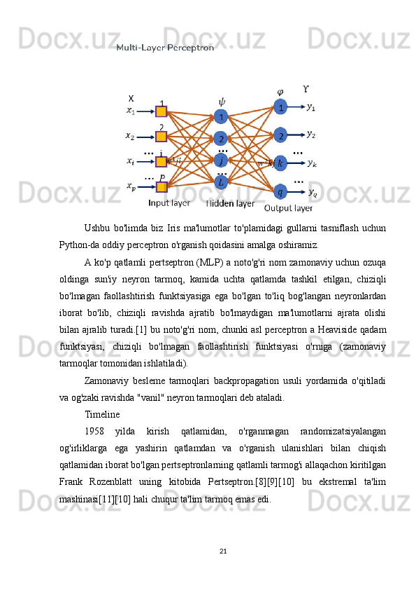 Ushbu   bo'limda   biz   Iris   ma'lumotlar   to'plamidagi   gullarni   tasniflash   uchun
Python-da oddiy perceptron o'rganish qoidasini amalga oshiramiz.
A ko'p qatlamli pertseptron (MLP) a noto'g'ri nom zamonaviy uchun ozuqa
oldinga   sun'iy   neyron   tarmoq,   kamida   uchta   qatlamda   tashkil   etilgan,   chiziqli
bo'lmagan   faollashtirish   funktsiyasiga   ega   bo'lgan   to'liq   bog'langan   neyronlardan
iborat   bo'lib,   chiziqli   ravishda   ajratib   bo'lmaydigan   ma'lumotlarni   ajrata   olishi
bilan ajralib turadi.[1] bu noto'g'ri nom, chunki asl perceptron a Heaviside qadam
funktsiyasi,   chiziqli   bo'lmagan   faollashtirish   funktsiyasi   o'rniga   (zamonaviy
tarmoqlar tomonidan ishlatiladi).
Zamonaviy   besleme   tarmoqlari   backpropagation   usuli   yordamida   o'qitiladi
va og'zaki ravishda "vanil" neyron tarmoqlari deb ataladi.
Timeline
1958   yilda   kirish   qatlamidan,   o'rganmagan   randomizatsiyalangan
og'irliklarga   ega   yashirin   qatlamdan   va   o'rganish   ulanishlari   bilan   chiqish
qatlamidan iborat bo'lgan pertseptronlarning qatlamli tarmog'i allaqachon kiritilgan
Frank   Rozenblatt   uning   kitobida   Pertseptron.[8][9][10]   bu   ekstremal   ta'lim
mashinasi[11][10] hali chuqur ta'lim tarmoq emas edi.
21 