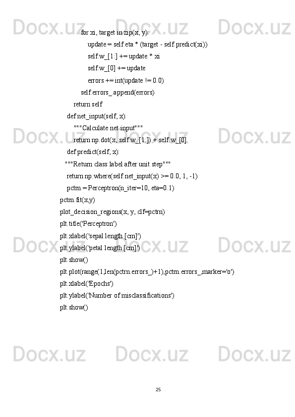             for xi, target in zip(x, y):
                update = self.eta * (target - self.predict(xi))
                self.w_[1:] += update * xi
                self.w_[0] += update
                errors += int(update != 0.0)
            self.errors_.append(errors)
        return self
    def net_input(self, x):
        """Calculate net input"""
        return np.dot(x, self.w_[1:]) + self.w_[0]
    def predict(self, x):
   """Return class label after unit step"""
    return np.where(self.net_input(x) >= 0.0, 1, -1)
    pctrn = Perceptron(n_iter=10, eta=0.1)
pctrn.fit(x,y)
plot_decision_regions(x, y, clf=pctrn)
plt.title('Perceptron')
plt.xlabel('sepal length [cm]')
plt.ylabel('petal length [cm]')
plt.show()
plt.plot(range(1,len(pctrn.errors_)+1),pctrn.errors_,marker='o')
plt.xlabel('Epochs')
plt.ylabel('Number of misclassifications')
plt.show()
25 