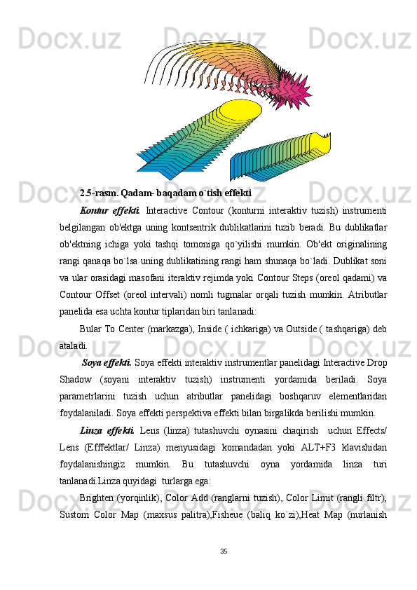 2.5-rasm.   Qadam- baqadam o`tish effekti
Kontur   effekti.   Interactive   Contour   (konturni   interaktiv   tuzish)   instrumenti
belgilangan   ob'ektga   uning   kontsentrik   dublikatlarini   tuzib   beradi.   Bu   dublikatlar
ob'ektning   ichiga   yoki   tashqi   tomoniga   qo`yilishi   mumkin.   Ob'ekt   originalining
rangi qanaqa bo`lsa uning dublikatining rangi ham shunaqa bo`ladi. Dublikat soni
va ular orasidagi masofani iteraktiv rejimda yoki Contour Steps (oreol qadami) va
Contour   Offset   (oreol   intervali)   nomli   tugmalar   orqali   tuzish   mumkin.   Atributlar
panelida esa uchta kontur tiplaridan biri tanlanadi:
Bular To Center (markazga), Inside ( ichkariga) va Outside ( tashqariga) deb
ataladi.
 Soya effekti.  Soya effekti interaktiv instrumentlar panelidagi Interactive Drop
Shadow   (soyani   interaktiv   tuzish)   instrumenti   yordamida   beriladi.   Soya
parametrlarini   tuzish   uchun   atributlar   panelidagi   boshqaruv   elementlaridan
foydalaniladi. Soya effekti perspektiva effekti bilan birgalikda berilishi mumkin.
Linza   effekti.   Lens   (linza)   tutashuvchi   oynasini   chaqirish     uchun   Effects/
Lens   (Efffektlar/   Linza)   menyusidagi   komandadan   yoki   ALT+F3   klavishidan
foydalanishingiz   mumkin.   Bu   tutashuvchi   oyna   yordamida   linza   turi
tanlanadi.Linza quyidagi  turlarga ega:
Brighten (yorqinlik), Color  Add (ranglarni  tuzish), Color  Limit (rangli filtr),
Sustom   Color   Map   (maxsus   palitra),Fisheue   (baliq   ko`zi),Heat   Map   (nurlanish
35 