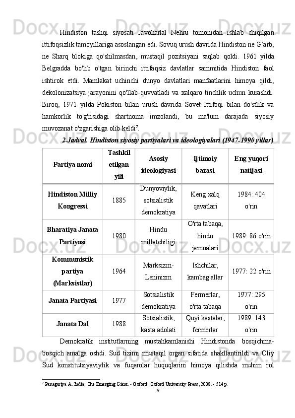 Hindiston   tashqi   siyosati   Javoharlal   Nehru   tomonidan   ishlab   chiqilgan
ittifoqsizlik   tamoyillariga   asoslangan   edi .  Sovuq   urush   davrida   Hindiston   ne   G ʻ arb ,
ne   Sharq   blokiga   qo ' shilmasdan ,   mustaqil   pozitsiyani   saqlab   qoldi .   1961   yilda
Belgradda   bo'lib   o'tgan   birinchi   ittifaqsiz   davlatlar   sammitida   Hindiston   faol
ishtirok   etdi.   Mamlakat   uchinchi   dunyo   davlatlari   manfaatlarini   himoya   qildi,
dekolonizatsiya   jarayonini   qo'llab-quvvatladi   va   xalqaro   tinchlik   uchun   kurashdi.
Biroq,   1971   yilda   Pokiston   bilan   urush   davrida   Sovet   Ittifoqi   bilan   do'stlik   va
hamkorlik   to'g'risidagi   shartnoma   imzolandi,   bu   ma'lum   darajada   siyosiy
muvozanat o'zgarishiga olib keldi 7
.
2-Jadval. Hindiston siyosiy partiyalari va ideologiyalari (1947-1990 yillar)
Partiya nomi Tashkil
etilgan
yili Asosiy
ideologiyasi Ijtimoiy
bazasi Eng yuqori
natijasi
Hindiston Milliy
Kongressi 1885 Dunyoviylik,
sotsialistik
demokratiya Keng xalq
qavatlari 1984: 404
o'rin
Bharatiya Janata
Partiyasi 1980 Hindu
millatchiligi O'rta tabaqa,
hindu
jamoalari 1989: 86 o'rin
Kommunistik
partiya
(Marksistlar) 1964 Marksizm-
Leninizm Ishchilar,
kambag'allar 1977: 22 o'rin
Janata Partiyasi 1977 Sotsialistik
demokratiya Fermerlar,
o'rta tabaqa 1977: 295
o'rin
Janata Dal 1988 Sotsialistik,
kasta adolati Quyi kastalar,
fermerlar 1989: 143
o'rin
Demokratik   institutlarning   mustahkamlanishi   Hindistonda   bosqichma -
bosqich   amalga   oshdi .   Sud   tizimi   mustaqil   organ   sifatida   shakllantirildi   va   Oliy
Sud   konstitutsiyaviylik   va   fuqarolar   huquqlarini   himoya   qilishda   muhim   rol
7
 Panagariya A. India: The Emerging Giant. - Oxford: Oxford University Press, 2008. - 514 p.
9 