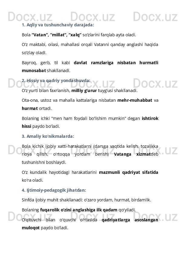 1. Aqliy va tushunchaviy darajada:  
Bola  “Vatan”, “millat”, “xalq”  so‘zlarini farqlab ayta oladi.  
O‘z  maktabi,   oilasi,   mahallasi   orqali   Vatanni   qanday   anglashi   haqida
so‘zlay oladi.  
Bayroq,   gerb,   til   kabi   davlat   ramzlariga   nisbatan   hurmatli
munosabat  shakllanadi.  
2. Hissiy va qadriy yondashuvda:  
O‘z yurti bilan faxrlanish,  milliy g‘urur  tuyg‘usi shakllanadi.  
Ota-ona,   ustoz   va   mahalla   kattalariga   nisbatan   mehr-muhabbat   va
hurmat  ortadi.  
Bolaning   ichki   “men   ham   foydali   bo‘lishim   mumkin”   degan   ishtirok
hissi  paydo bo‘ladi.  
3. Amaliy ko‘nikmalarda:  
Bola   kichik   ijobiy   xatti-harakatlarni   (darsga   vaqtida   kelish,   tozalikka
rioya   qilish,   o‘rtoqqa   yordam   berish)   Vatanga   xizmat deb
tushunishni boshlaydi.  
O‘z   kundalik   hayotidagi   harakatlarini   mazmunli   qadriyat   sifatida
ko‘ra oladi.  
4. Ijtimoiy-pedagogik jihatdan:  
Sinfda ijobiy muhit shakllanadi: o‘zaro yordam, hurmat, birdamlik.  
Bolaning  fuqarolik o‘zini anglashiga ilk qadam  qo‘yiladi.  
O‘qituvchi   bilan   o‘quvchi   o‘rtasida   qadriyatlarga   asoslangan
muloqot  paydo bo‘ladi.   
