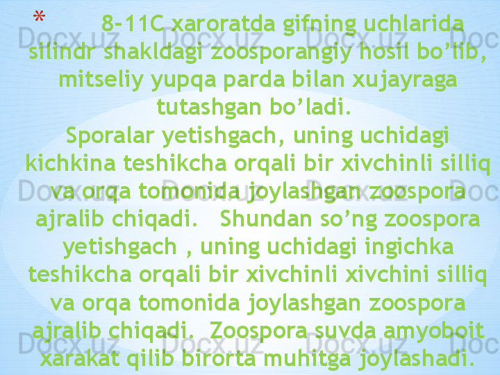 *         8-11C xaroratda gifning uchlarida 
silindr shakldagi zoosporangiy hosil bo’lib, 
mitseliy yupqa parda bilan xujayraga 
tutashgan bo’ladi. 
Sporalar yetishgach, uning uchidagi 
kichkina teshikcha orqali bir xivchinli silliq 
va orqa tomonida joylashgan zoospora 
ajralib chiqadi.   Shundan so’ng zoospora 
yetishgach , uning uchidagi ingichka 
teshikcha orqali bir xivchinli xivchini silliq 
va orqa tomonida joylashgan zoospora 
ajralib chiqadi.  Zoospora suvda amyoboit 
xarakat qilib birorta muhitga joylashadi. 