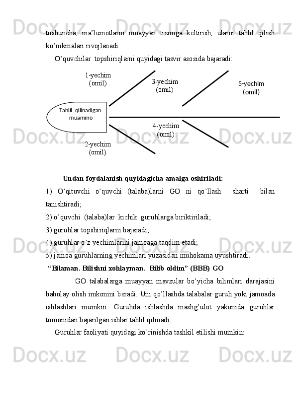 tushuncha,   ma’lumotlarni   muayyan   tizimga   keltirish,   ularni   tahlil   qilish
ko’nikmalari rivojlanadi. 
O’quvchilar   topshiriqlarni quyidagi tasvir asosida bajaradi:
        Undan foydalanish quyidagicha amalga oshiriladi:
1)   O’qituvchi   o’quvchi   (talaba)larni   GO   ni   qo’llash     sharti     bilan
tanishtiradi;
2) o’quvchi    (talaba)lar    kichik    guruhlarga biriktiriladi;
3) guruhlar topshiriqlarni bajaradi;
4) guruhlar o’z yechimlarini jamoaga taqdim etadi;
5) jamoa guruhlarning yechimlari yuzasidan muhokama uyushtiradi .
 “Bilaman. Bilishni xohlayman.  Bilib oldim” (BBB)  GO
            GO   talabalarga   muayyan   mavzular   bo’yicha   bilimlari   darajasini
baholay olish imkonini beradi. Uni qo’llashda talabalar guruh yoki jamoada
ishlashlari   mumkin.   Guruhda   ishlashda   mashg’ulot   yakunida   guruhlar
tomonidan bajarilgan ishlar tahlil qilinadi. 
Guruhlar faoliyati quyidagi ko’rinishda tashkil etilishi mumkin:  Tahlil  qilinadigan  
muammo 1-yechim
(omil) 3-yechim
(omil)
2-yechim
(omil) 4-yechim
(omil) 5-yechim
(omil)