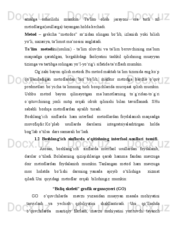 amalga   oshirilishi   mumkin.   Ta’lim   olish   jarayoni   esa   turli   xil
metodlarga(usullarga) tayangan holda kechadi. 
Metod   –   grekcha   “metodos”   so‘zidan   olingan   bo‘lib,   izlanish   yoki   bilish
yo‘li, nazariya, ta’limot ma’nosini anglatadi. 
Ta’lim     metodi ni(usulini)   -   ta’lim   oluvchi   va   ta’lim   beruvchining   ma’lum
maqsadga   qaratilgan,   birgalikdagi   faoliyatini   tashkil   qilishning   muayyan
tizimga va tartibga solingan yo‘l-yo‘rig‘i sifatida ta’riflash mumkin. 
         Og`zaki bayon qilish metodi.Bu metod maktab ta`lim tizimida eng ko`p
qo`llaniladigan   metodlardan   biri   bo`lib,   mazkur   metodga   barcha   o`quv
predmetlari   bo`yicha   ta`limning  turli   bosqichlarida  murojaat   qilish  mumkin.
Ushbu   metod   bayon   qilinayotgan   ma`lumotlarning   to`g`ridan-to`g`ri
o`qituvchining   jonli   nutqi   orqali   idrok   qilinishi   bilan   tavsiflanadi.   SHu
sababli  boshqa  metodlardan  ajralib  turadi.
Boshlang’ich     sinflarda     ham   interfaol     metodlardan   foydalanish   maqsadga
muvofiqdir.Ko’plab     usullarda     darslarni     integratsiyalashtirgan     holda
bog’lab o’tilsa  dars samarali bo’ladi.
         1.2  Boshlang’ich  sinflarda  o’qitishning  interfaol  usullari  tasnifi.
                   Asosan,   boshlang’ich     sinflarda   interfaol   usullardan   foydalanib,
darslar  o’tiladi. Bolalarning  qiziqishlariga  qarab  hamma  fandan  mavzuga
doir   metodlardan   foydalanish   mumkin. Tanlangan   metod   ham   mavzuga
mos     holatda     bo’lishi     darsning   yanada     ajoyib     o’tilishiga       xizmat
qiladi.Uni  quyidagi  metodlar  orqali  bilishingiz  mumkin:  
                       “Baliq skeleti” grafik organayzeri (GO)
GO     o’quvchilarda     mavzu   yuzasidan   muayyan   masala   mohiyatini
tasvirlash   va   yechish   qobiliyatini   shakllantiradi.   Uni   qo’llashda
o’quvchilarda     mantiqiy   fikrlash,   mavzu   mohiyatini   yorituvchi   tayanch