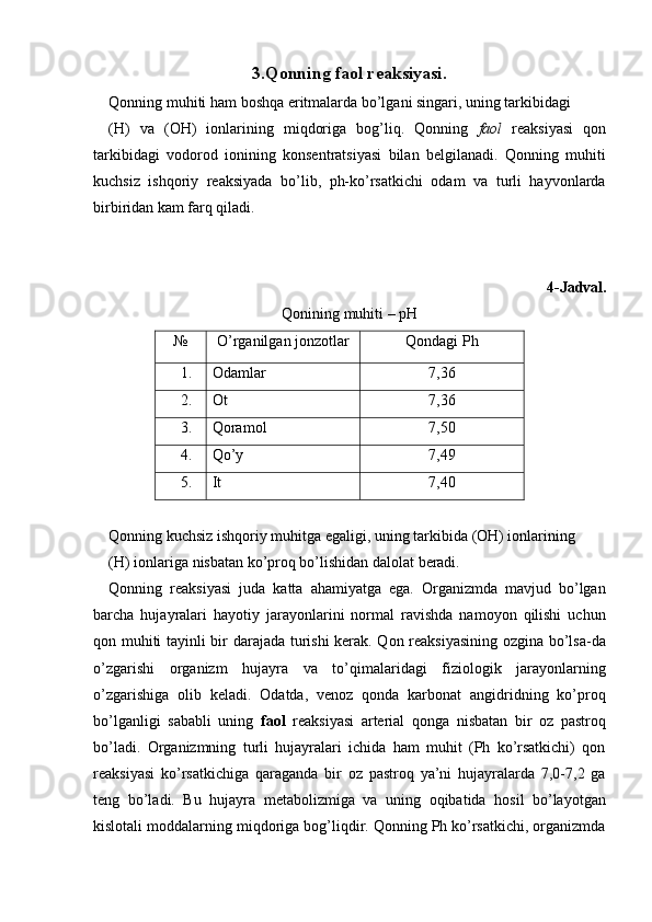 3.Qonning faol reaksiyasi. 
Qonning muhiti ham boshqa eritmalarda bo’lgani singari, uning tarkibidagi 
(H)   va   (OH)   ionlarining   miqdoriga   bog’liq.   Qonning   faol   reaksiyasi   qon
tarkibidagi   vodorod   ionining   konsentratsiyasi   bilan   belgilanadi.   Qonning   muhiti
kuchsiz   ishqoriy   reaksiyada   bo’lib,   ph-ko’rsatkichi   odam   va   turli   hayvonlarda
birbiridan kam farq qiladi. 
 
 
        4-Jadval. 
Qonining muhiti – pH 
№  O’rganilgan jonzotlar  Qondagi Ph 
1. Odamlar  7,36 
2. Ot  7,36 
3. Qoramol  7,50 
4. Qo’y  7,49 
5. It  7,40 
 
Qonning kuchsiz ishqoriy muhitga egaligi, uning tarkibida (OH) ionlarining 
(H) ionlariga nisbatan ko’proq bo’lishidan dalolat beradi. 
Qonning   reaksiyasi   juda   katta   ahamiyatga   ega.   Organizmda   mavjud   bo’lgan
barcha   hujayralari   hayotiy   jarayonlarini   normal   ravishda   namoyon   qilishi   uchun
qon muhiti tayinli bir darajada turishi  kerak. Qon reaksiyasining ozgina bo’lsa-da
o’zgarishi   organizm   hujayra   va   to’qimalaridagi   fiziologik   jarayonlarning
o’zgarishiga   olib   keladi.   Odatda,   venoz   qonda   karbonat   angidridning   ko’proq
bo’lganligi   sababli   uning   faol   reaksiyasi   arterial   qonga   nisbatan   bir   oz   pastroq
bo’ladi.   Organizmning   turli   hujayralari   ichida   ham   muhit   (Ph   ko’rsatkichi)   qon
reaksiyasi   ko’rsatkichiga   qaraganda   bir   oz   pastroq   ya’ni   hujayralarda   7,0-7,2   ga
teng   bo’ladi.   Bu   hujayra   metabolizmiga   va   uning   oqibatida   hosil   bo’layotgan
kislotali moddalarning miqdoriga bog’liqdir. Qonning Ph ko’rsatkichi, organizmda 