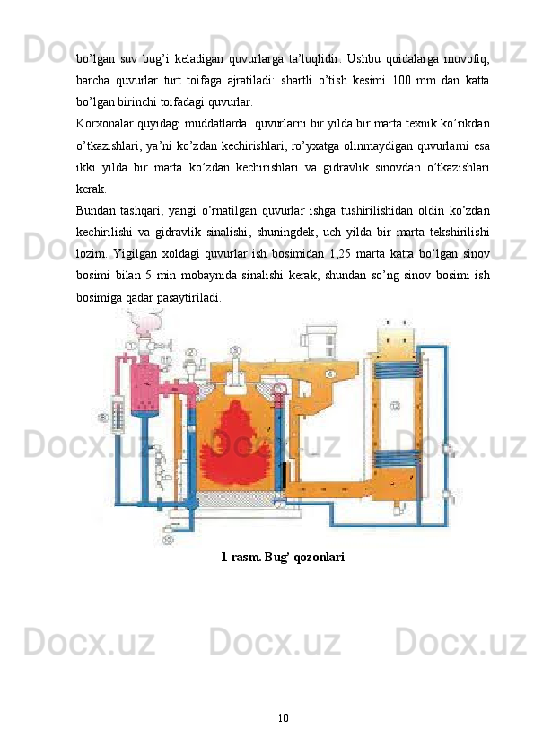 bo ’ lgan   suv   bug’i   keladigan   quvurlarga   ta’luqlidir .   Ushbu   qoidalarga   muvofiq ,
barcha   quvurlar   turt   toifaga   ajratiladi :   shartli   o ’ tish   kesimi   100   mm   dan   katta
bo ’ lgan   birinchi   toifadagi   quvurlar .
Korxonalar   quyidagi   muddatlarda :  quvurlarni   bir   yilda   bir   marta   texnik   ko ’ rikdan
o ’ tkazishlari ,   ya ’ ni   ko’zdan   kechirishlari ,   ro’yxatga   olinmaydigan   quvurlarni   esa
ikki   yilda   bir   marta   ko’zdan   kechirishlari   va   gidravlik   sinovdan   o ’ tkazishlari
kerak .
Bundan   tashqari ,   yangi   o ’ rnatilgan   quvurlar   ishga   tushirilishidan   oldin   ko’zdan
kechirilishi   va   gidravlik   sinalishi ,   shuningdek ,   uch   yilda   bir   marta   tekshirilishi
lozim .   Yigilgan   xoldagi   quvurlar   ish   bosimidan   1,25   marta   katta   bo ’ lgan   sinov
bosimi   bilan   5   min   mobaynida   sinalishi   kerak ,   shundan   so’ng   sinov   bosimi   ish
bosimiga   qadar   pasaytiriladi .
1-rasm. Bug’ qozonlari
10 