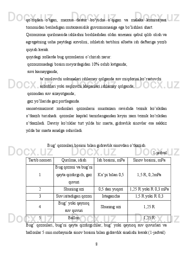 qo’riqdan   o’tgan,   maxsus   dastur   bo’yicha   o’qigan   va   malaka   komissiyasi
tomonidan beriladigan mutaxassislik guvoxnomasiga ega bo’lishlari shart. 
Qozonxona qurilmasida ishlashni boshlashdan oldin smenani qabul qilib olish va
agregatning  usha   paytdagi   axvolini,  ishlatish   tartibini   albatta  ish   daftariga  yozib
quyish kerak.
quyidagi xollarda bug qozonlarini o’chirish zarur:
 qozonxonadagi bosim meyordagidan 10% oshib ketganda;
 suvi kamayganda;
 ta’minlovchi uskunalari ishlamay qolganda suv miqdorini ko’rsatuvchi
 asboblari yoki saqlovchi klapanlari ishlamay qolganda;
 qozondan suv sizayotganda;
 gaz yo’llarida gaz portlaganda.
sanoatexnazorat   xodimlari   qozonlarni   muntazam   ravishda   texnik   ko’rikdan
o’tkazib   turishadi.   qozonlar   kapital   tamirlangandan   keyin   xam   texnik   ko’rikdan
o’tkaziladi.   Davriy   ko’riklar   turt   yilda   bir   marta,   gidravlik   sinovlar   esa   sakkiz
yilda bir marta amalga oshiriladi.
Bug’ qozonlari bosimi bilan gidravlik sinovdan o’tkazish
1-jadval
Tartib nomeri Qurilma, idish Ish bosimi, mPa Sinov bosimi, mPa
1 Bug   qozoni   va   bug ’ ni
qayta   qizdirgich ,  gaz
quvuri K o’ pi bilan 0,5 1,5 R, 0,2mPa
2 Shuning uzi 0,5 dan yu q ori 1,25 R yoki R 0,3 mPa
3 Suv isitadigan  q ozon Istagancha 1,5 R yoki R 0,3
4 Bug ’  yoki   qaynoq
suv   quvuri Shuning uzi 1,25 R
5 Ballon 1,25 R
Bug’   qozonlari,   bug’ni   qayta   qizdirgichlar,   bug’   yoki   qaynoq   suv   quvurlari   va
ballonlar 5 min mobaynida sinov bosimi bilan gidravlik sinalishi kerak (1-jadval)
8