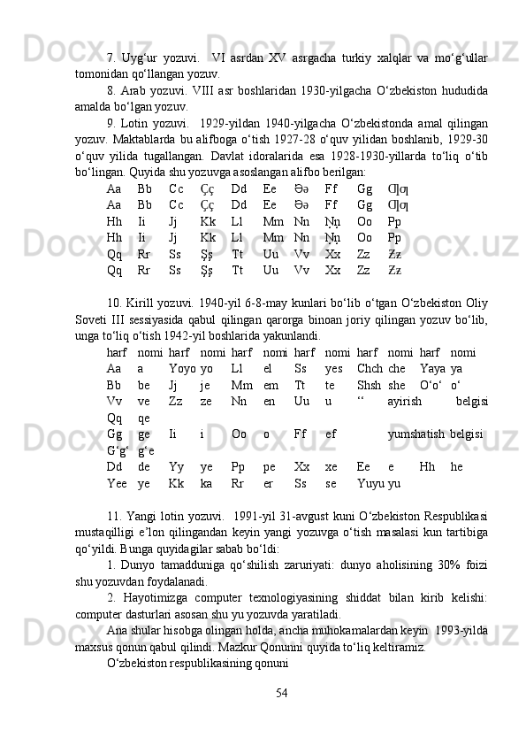 7.   Uyg‘ur   yozuvi.     VI   asrdan   XV   asrgacha   turkiy   xalqlar   va   mo‘g‘ullar
tomonidan qo‘llangan yozuv. 
8.   Arab   yozuvi.   VIII   asr   boshlaridan   1930-yilgacha   O‘zbekiston   hududida
amalda bo‘lgan yozuv. 
9.   Lotin   yozuvi.     1929-yildan   1940-yilgacha   O‘zbekistonda   amal   qilingan
yozuv. Maktablarda   bu alifboga o‘tish  1927-28  o‘quv  yilidan boshlanib,  1929-30
o‘quv   yilida   tugallangan.   Davlat   idoralarida   esa   1928-1930-yillarda   to‘liq   o‘tib
bo‘lingan. Quyida shu yozuvga asoslangan alifbo berilgan:
Aa Bb Cc Ҫҫ Dd Ee Əǝ Ff Gg Ƣƣ
Aa Bb Cc Ҫҫ Dd Ee Ə
ǝ Ff Gg Ƣƣ
Hh Ii Jj Kk Ll Mm Nn Ņņ Oo Pp
Hh Ii Jj Kk Ll Mm Nn Ņņ Oo Pp
Qq Rr Ss Şş Tt Uu Vv Xx Zz Ƶƶ
Qq Rr Ss Şş Tt Uu Vv Xx Zz Ƶƶ
10.  Kirill   yozuvi.   1940-yil   6-8-may  kunlari   bo‘lib  o‘tgan   O‘zbekiston   Oliy
Soveti   III   sessiyasida   qabul   qilingan   qarorga   binoan   joriy   qilingan   yozuv   bo‘lib,
unga to‘liq o‘tish 1942-yil boshlarida yakunlandi. 
harf nomi harf nomi harf nomi harf nomi harf nomi harf nomi
Aa a Yoyo yo Ll el Ss yes Chch che Yaya ya
Bb be Jj je Mm em Tt te Shsh she O‘o‘ o‘
Vv ve Zz ze Nn en Uu u ‘‘ ayirish   belgisi
Qq qe
Gg ge Ii i Oo o Ff ef yumshatish   belgisi  
G‘g‘ g‘e
Dd de Yy ye Pp pe Xx xe Ee e Hh he
Yee ye Kk ka Rr er Ss se Yuyu yu
11. Yangi   lotin yozuvi.   1991-yil  31-avgust   kuni  O‘zbekiston  Respublikasi
mustaqilligi   e’lon   qilingandan   keyin   yangi   yozuvga   o‘tish   masalasi   kun   tartibiga
qo‘yildi. Bunga quyidagilar sabab bo‘ldi: 
1.   Dunyo   tamadduniga   qo‘shilish   zaruriyati:   dunyo   aholisining   30%   foizi
shu yozuvdan foydalanadi. 
2.   Hayotimizga   computer   texnologiyasining   shiddat   bilan   kirib   kelishi:
computer dasturlari asosan shu yu yozuvda yaratiladi. 
Ana shular hisobga olingan holda, ancha muhokamalardan keyin  1993-yilda
maxsus qonun qabul qilindi. Mazkur Qonunni quyida to‘liq keltiramiz.  
O‘zbekiston respublikasining qonuni
54 