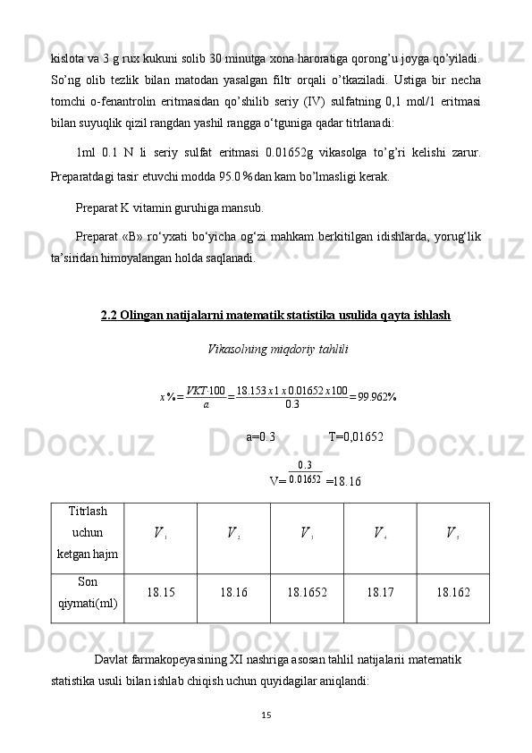 kislota va 3 g rux kukuni solib 30 minutga xona haroratiga qorong’u joyga qo’yiladi.
So’ng   olib   tezlik   bilan   matodan   yasalgan   filtr   orqali   o’tkaziladi.   Ustiga   bir   necha
tomchi   o-fenantrolin   eritmasidan   qo’shilib   seriy   (IV)   sulfatning   0,1   mol/1   eritmasi
bilan suyuqlik qizil rangdan yashil rangga o‘tguniga qadar titrlanadi:
1ml   0.1   N   li   seriy   sulfat   eritmasi   0.01652g   vikasolga   to’g’ri   kelishi   zarur.
Preparatdagi tasir etuvchi modda 95.0 ％ dan kam bo’lmasligi kerak.
Preparat K vitamin guruhiga mansub.
Preparat   «В»   ro‘yxati   bo‘yicha   og‘zi   mahkam   berkitilgan   idishlarda,   yorug‘lik
ta’siridan himoyalangan holda saqlanadi.
2.2     Olingan natijalarni matematik statistika usulida qayta ishlash   
Vikasolning miqdoriy tahlili
x % = VKT· 100
a = 18.153 x 1 x 0.01652 x 100
0.3 = 99.962 %
a=0.3                 T= 0,01652
V=0.3	
0.01652 =18.16
Titrlash
uchun
ketgan hajm	
V	1	V	2	V	3	V	4	V	5
Son
qiymati(ml) 18.15 18.16 18.1652 18.17 18.162
Davlat farmakopeyasining XI nashriga asosan tahlil natijalarii matematik 
statistika usuli bilan ishlab chiqish uchun quyidagilar aniqlandi: 
15 