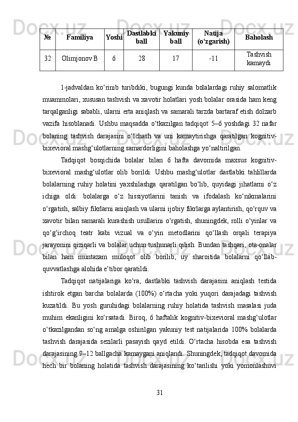 № Familiya Yoshi Dastlabki
ball Yakuniy
ball Natija
(o‘zgarish) Baholash
32 Olimjonov B 6 28 17 -11 Tashvish
kamaydi
1-jadvaldan   ko‘rinib   turibdiki,   bugungi   kunda   bolalardagi   ruhiy   salomatlik
muammolari, xususan tashvish va xavotir holatlari yosh bolalar orasida ham keng
tarqalganligi sababli, ularni erta aniqlash va samarali tarzda bartaraf etish dolzarb
vazifa   hisoblanadi.   Ushbu   maqsadda   o‘tkazilgan   tadqiqot   5–6   yoshdagi   32   nafar
bolaning   tashvish   darajasini   o‘lchash   va   uni   kamaytirishga   qaratilgan   kognitiv-
bixevioral mashg‘ulotlarning samardorligini baholashga yo‘naltirilgan.
Tadqiqot   bosqichida   bolalar   bilan   6   hafta   davomida   maxsus   kognitiv-
bixevioral   mashg‘ulotlar   olib   borildi.   Ushbu   mashg‘ulotlar   dastlabki   tahlillarda
bolalarning   ruhiy   holatini   yaxshilashga   qaratilgan   bo‘lib,   quyidagi   jihatlarni   o‘z
ichiga   oldi:   bolalarga   o‘z   hissiyotlarini   tanish   va   ifodalash   ko‘nikmalarini
o‘rgatish, salbiy fikrlarni aniqlash va ularni ijobiy fikrlarga aylantirish, qo‘rquv va
xavotir  bilan samarali  kurashish usullarini  o‘rgatish, shuningdek, rolli  o‘yinlar  va
qo‘g‘irchoq   teatr   kabi   vizual   va   o‘yin   metodlarini   qo‘llash   orqali   terapiya
jarayonini qiziqarli va bolalar uchun tushunarli qilish. Bundan tashqari, ota-onalar
bilan   ham   muntazam   muloqot   olib   borilib,   uy   sharoitida   bolalarni   qo‘llab-
quvvatlashga alohida e’tibor qaratildi.
Tadqiqot   natijalariga   ko‘ra,   dastlabki   tashvish   darajasini   aniqlash   testida
ishtirok   etgan   barcha   bolalarda   (100%)   o‘rtacha   yoki   yuqori   darajadagi   tashvish
kuzatildi.   Bu   yosh   guruhidagi   bolalarning   ruhiy   holatida   tashvish   masalasi   juda
muhim   ekanligini   ko‘rsatadi.   Biroq,   6   haftalik   kognitiv-bixevioral   mashg‘ulotlar
o‘tkazilgandan   so‘ng   amalga   oshirilgan   yakuniy   test   natijalarida   100%   bolalarda
tashvish   darajasida   sezilarli   pasayish   qayd   etildi.   O‘rtacha   hisobda   esa   tashvish
darajasining 9–12 ballgacha kamaygani aniqlandi. Shuningdek, tadqiqot davomida
hech   bir   bolaning   holatida   tashvish   darajasining   ko‘tarilishi   yoki   yomonlashuvi
31 