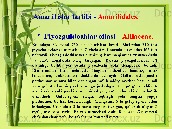 Amarillislar tartibi -   Amarilidales .
•
Piyozguldoshlar oilasi -   Alliaceae.
Bu  oilaga  32  avlod  750  tur  o‘simliklar  kiradi.  Shulardan  310  tasi 
piyozlar  avlodiga  mansubdir.  O‘zbekiston  florasida  bu  oiladan  165  turi 
uchraydi. Piyozguldoshlar  yer qismining hamma  qismida xususan dasht 
va  cho‘l  zonalarida  keng  tarqalgan.  Barcha  piyozguldoshlar  o‘t 
o‘simligi  bo‘lib,  yer  ostida  piyozboshi  yoki  ildizpoyasi  bo‘ladi. 
Efemeroidlari  ham  uchraydi.  Barglari  ildizoldi,  bandsiz,  ensiz 
lentasimon,  trubkasimon  shakllarda  uchraydi.  Gullari  ochilguncha 
pardasimon  o‘rama  bilan  qoplangan  bo‘lib  oddiy  soyabon  hosil  qiladi 
va  u  gul  strelkasining  uch  qismiga  joylashgan.  Gulqo‘rg‘oni  oddiy,  6 
a’zoli  erkin  yoki  pastki  qismi  birlashgan,  ko‘pincha  ikki  doira  bo‘lib 
o‘rnashadi.  Gulqo‘rg‘oni  rangli,  tojbargli  yoki  rangsiz  yupqa 
pardasimon  bo‘lsa,  kosachabargli.  Changchisi  6  ta  gulqo‘rg‘oni  bilan 
birlashgan.  Urug‘chisi  3  ta  meva  bargdan  tuzilgan,  qo‘shilib  o‘sgan  3 
uyali,  tuguncha  ustki.  Ba’zan  ustunchasi  ostki  R 3-3   A 3-3   G (3)   mevasi 
chokidan chatnovchi ko‘sakcha, ba’zan xo‘l meva.  