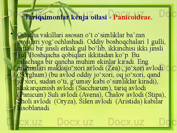 Tariqsimonlar kenja oilasi   -   Panicoideae .
•
Oilacha vakillari asosan o ‘ t o ‘ simliklar ba ’ zan 
poyalari yog ‘ ochlashadi .  Oddiy boshoqchalari  1  gulli , 
bittasi bir jinsli erkak gul bo ‘ lib ,  ikkinchisi ikki jinsli 
gul .  Boshqacha qobiqlari ikkitadan ko ‘ p .  Bu 
oilachaga bir qancha muhim ekinlar kiradi .  Eng 
muhimlari makkajo ‘ xori avlodi  ( Zea ) , jo‘xori avlodi 
( Sorghum ) (bu avlod oddiy jo‘xori, oq jo‘xori, qand 
jo‘xori, sudan o‘ti, g‘umay kabi o‘simliklar kiradi), 
shakarqamish avlodi ( Saccharum ), tariq avlodi 
( Panicum ) Suli avlodi ( Avena ), Chalov avlodi ( Stipa ), 
Sholi avlodi  ( Oryza ), Silen avlodi  ( Aristida ) kabilar 
hisoblanadi.  