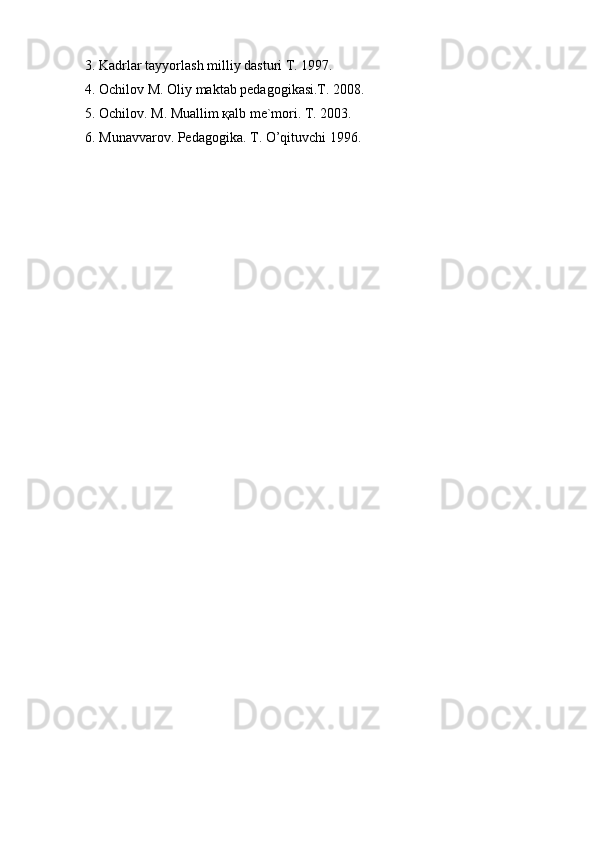 3. Kаdrlаr tаyyorlаsh milliy dаsturi T. 1997.
4. Оchilоv M. Оliy mаktаb pеdаgоgikаsi.T. 2008.
5. Оchilоv. M. Muаllim қаlb mе`mоri. T. 2003.
6. Munаvvаrоv. Pеdаgоgikа. T. O’qituvchi 1996. 
