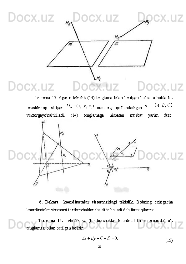           Teorema   13.   Agar   n   tekislik   (14)   tenglama   bilan   berilgan   bo'lsa,   u   holda   bu
tekislikning   istalgan     nuqtasiga   qo'llaniladigan  
vektorgayo'naltiriladi.   (14)   tenglamaga   nisbatan   musbat   yarim   fazo.
          6.   Dekart     koordinatalar   sistemasidagi   tekislik.   Bobning   oxirigacha
koordinatalar sistemasi to'rtburchaklar shaklida bo'ladi deb faraz qilamiz.
          Teorema   14.   Tekislik   va   (to'rtburchaklar   koordinatalar   sistemasida)   o'z
tenglamasi bilan berilgan bo'lsin.
(15)
21 