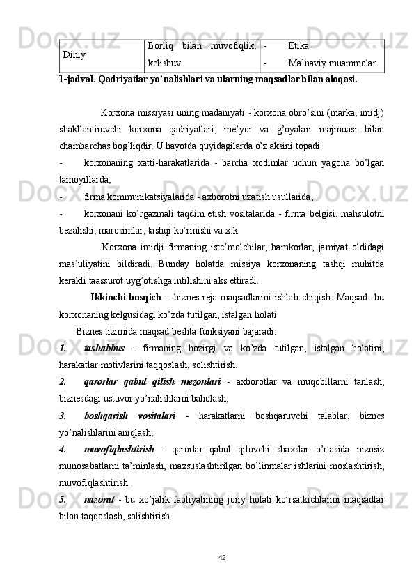 Diniy Borliq   bilan   muvofiqlik,
kelishuv. - Etika
- Ma’naviy muammolar
1-jadval. Qadriyatlar yo’nalishlari va ularning maqsadlar bilan aloqasi.
                     Korxona missiyasi uning madaniyati - korxona obro’sini (marka, imidj)
shakllantiruvchi   korxona   qadriyatlari,   me’yor   va   g’oyalari   majmuasi   bilan
chambarchas bog’liqdir. U hayotda quyidagilarda o’z aksini topadi:
- korxonaning   xatti-harakatlarida   -   barcha   xodimlar   uchun   yagona   bo’lgan
tamoyillarda;
- firma kommunikatsiyalarida - axborotni uzatish usullarida;
- korxonani  ko’rgazmali  taqdim  etish vositalarida  - firma belgisi,  mahsulotni
bezalishi, marosimlar, tashqi ko’rinishi va x.k.
                    Korxona   imidji   firmaning   iste’molchilar,   hamkorlar,   jamiyat   oldidagi
mas’uliyatini   bildiradi.   Bunday   holatda   missiya   korxonaning   tashqi   muhitda
kerakli taassurot uyg’otishga intilishini aks ettiradi.
                Ikkinchi   bosqich   –   biznes-reja   maqsadlarini   ishlab   chiqish.   Maqsad-   bu
korxonaning kelgusidagi ko’zda tutilgan, istalgan holati.
       Biznes tizimida maqsad beshta funksiyani bajaradi:
1. tashabbus   -   firmaning   hozirgi   va   ko’zda   tutilgan,   istalgan   holatini,
harakatlar motivlarini taqqoslash, solishtirish.
2. qarorlar   qabul   qilish   mezonlari   -   axborotlar   va   muqobillarni   tanlash,
biznesdagi ustuvor yo’nalishlarni baholash;
3. boshqarish   vositalari   -   harakatlarni   boshqaruvchi   talablar,   biznes
yo’nalishlarini aniqlash;
4. muvofiqlashtirish   -   qarorlar   qabul   qiluvchi   shaxslar   o’rtasida   nizosiz
munosabatlarni  ta’minlash, maxsuslashtirilgan  bo’linmalar ishlarini  moslashtirish,
muvofiqlashtirish.
5. nazorat   -   bu   xo’jalik   faoliyatining   joriy   holati   ko’rsatkichlarini   maqsadlar
bilan taqqoslash, solishtirish.
42 