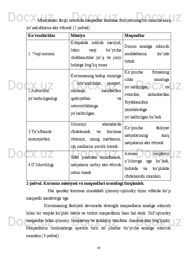           Missiyadan farqli ravishda maqsadlar korxona faoliyatining bir muncha aniq
yo’nalishlarini aks ettiradi (2-jadval).
Ko’rsatkichlar Missiya Maqsadlar
1. Vaqt mezoni Kelajakda   intilish   mavjud,
lekin   vaqt   bo’yicha
cheklanishlar   yo’q   va   joriy
holatga bog’liq emas. Doimo   amalga   oshirish
muddatlarini   ko’zda
tutadi.
2.Axborotni
yo’naltirilganligi Korxonaning   tashqi   muxitga
-   iste’molchilar,   jamiyat,
mintaqa,   manfaatlari
qadriyatlari   va
ustuvorliklariga
yo’naltirilgan. Ko’pincha   firmaning
ichki   muxitiga
yo’naltirilgan   va
resurslar,   zahiralardan
foydalanishni
yaxshilashga
yo’naltirilgan bo’ladi.
3.Ta’riflanish
xususiyatlari Umumiy   atamalarda
ifodalanadi   va   korxona
obrazini,   uning   markasini,
ish usullarini yoritib beradi. Ko’pincha   faoliyat
natijalarining   aniq
natijalarini aks ettiradi.
4.O’lchovliligi Sifat   jixatidan   tasniflanadi,
natijalarni   nisbiy  aks  ettirish
ustun turadi Asosan   miqdoriy
o’lchovga   ega   bo’ladi,
birlikda   va   ko’plikda
ifodalanishi mumkin.
2-jadval. Korxona missiyasi va maqsadlari orasidagi farqlanish.
                        Har   qanday   korxona   murakkab   ijtimoiy-iqtisodiy   tizim   sifatida   ko’p
maqsadli xarakterga ega.
                      Korxonaning   faoliyati   davomida   strategik   maqsadlarni   amalga   oshirish
bilan bir vaqtda ko’plab taktik va tezkor maqsadlarni ham hal etadi. Sof iqtisodiy
maqsadlar bilan ijtimoiy, texnikaviy va tashkiliy vazifalar chambarchas bog’liqdir.
Maqsadlarni   tuzilmalarga   ajratish   turli   xil   jihatlar   bo’yicha   amalga   oshirish
mumkin (3-jadval).
43 