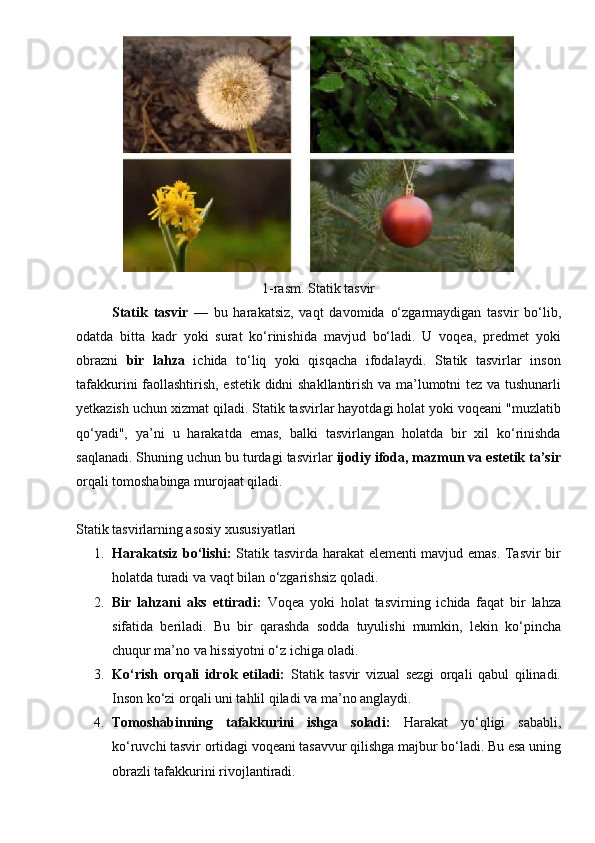 1-rasm. Statik tasvir
Statik   tasvir   —   bu   harakatsiz,   vaqt   davomida   o‘zgarmaydigan   tasvir   bo‘lib,
odatda   bitta   kadr   yoki   surat   ko‘rinishida   mavjud   bo‘ladi.   U   voqea,   predmet   yoki
obrazni   bir   lahza   ichida   to‘liq   yoki   qisqacha   ifodalaydi.   Statik   tasvirlar   inson
tafakkurini faollashtirish, estetik didni shakllantirish va ma’lumotni tez va tushunarli
yetkazish uchun xizmat qiladi. Statik tasvirlar hayotdagi holat yoki voqeani "muzlatib
qo‘yadi",   ya’ni   u   harakatda   emas,   balki   tasvirlangan   holatda   bir   xil   ko‘rinishda
saqlanadi. Shuning uchun bu turdagi tasvirlar  ijodiy ifoda, mazmun va estetik ta’sir
orqali tomoshabinga murojaat qiladi.
Statik tasvirlarning asosiy xususiyatlari
1. Harakatsiz bo‘lishi:   Statik tasvirda harakat elementi mavjud emas. Tasvir bir
holatda turadi va vaqt bilan o‘zgarishsiz qoladi.
2. Bir   lahzani   aks   ettiradi:   Voqea   yoki   holat   tasvirning   ichida   faqat   bir   lahza
sifatida   beriladi.   Bu   bir   qarashda   sodda   tuyulishi   mumkin,   lekin   ko‘pincha
chuqur ma’no va hissiyotni o‘z ichiga oladi.
3. Ko‘rish   orqali   idrok   etiladi:   Statik   tasvir   vizual   sezgi   orqali   qabul   qilinadi.
Inson ko‘zi orqali uni tahlil qiladi va ma’no anglaydi.
4. Tomoshabinning   tafakkurini   ishga   soladi:   Harakat   yo‘qligi   sababli,
ko‘ruvchi tasvir ortidagi voqeani tasavvur qilishga majbur bo‘ladi. Bu esa uning
obrazli tafakkurini rivojlantiradi.