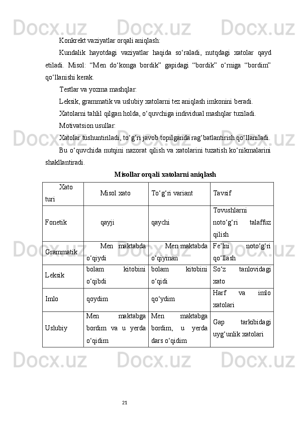 21Konkrekt vaziyatlar orqali aniqlash:
Kundalik   hayotdagi   vaziyatlar   haqida   so‘raladi,   nutqdagi   xatolar   qayd
etiladi.   Misol:   “Men   do‘konga   bordik”   gapidagi   “bordik”   o‘rniga   “bordim”
qo‘llanishi kerak.
Testlar va yozma mashqlar:
Leksik, grammatik va uslubiy xatolarni tez aniqlash imkonini beradi.
Xatolarni tahlil qilgan holda, o‘quvchiga individual mashqlar tuziladi.
Motivatsion usullar:
Xatolar tushuntiriladi, to‘g‘ri javob topilganda rag‘batlantirish qo‘llaniladi.
Bu o‘quvchida nutqini nazorat qilish va xatolarini tuzatish ko‘nikmalarini
shakllantiradi.
Misollar orqali xatolarni aniqlash
Xato
turi Misol xato To‘g‘ri variant Tavsif
Fonetik qayji qaychi Tovushlarni
noto‘g‘ri   talaffuz
qilish
Grammatik Men   maktabda
o‘qiydi Men maktabda
o‘qiyman Fe’lni   noto‘g‘ri
qo‘llash
Leksik bolam   kitobini
o‘qibdi bolam   kitobini
o‘qidi So‘z   tanlovidagi
xato
Imlo qoydim qo‘ydim Harf   va   imlo
xatolari
Uslubiy Men   maktabga
bordim   va   u   yerda
o‘qidim Men   maktabga
bordim,   u   yerda
dars o‘qidim Gap   tarkibidagi
uyg‘unlik xatolari 