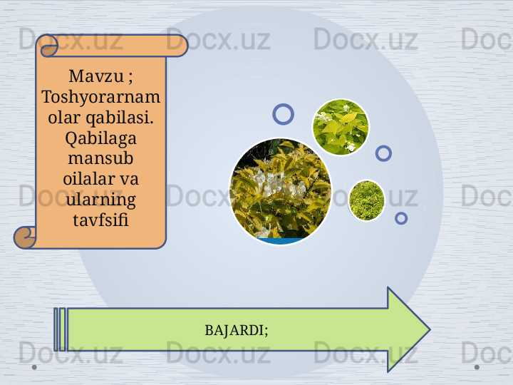 Mavzu ; 
Toshyorarnam
olar qabilasi. 
Qabilaga 
mansub 
oilalar va 
ularning 
tavfsifi
BAJARDI;  