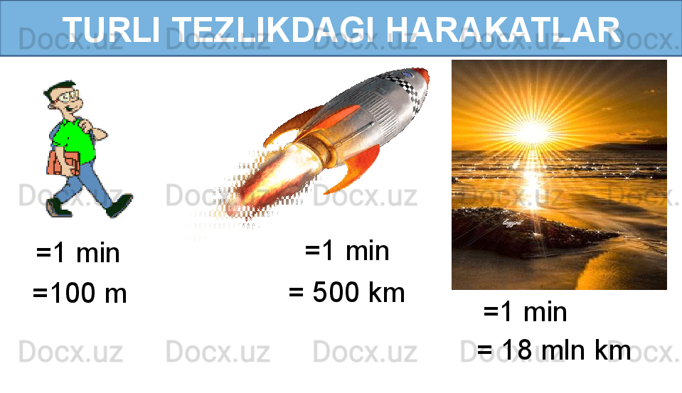 TURLI TEZLIKDAGI HARAKATLAR
=1 min =1 min
=1 min=100 m = 500 km
= 18 mln km 