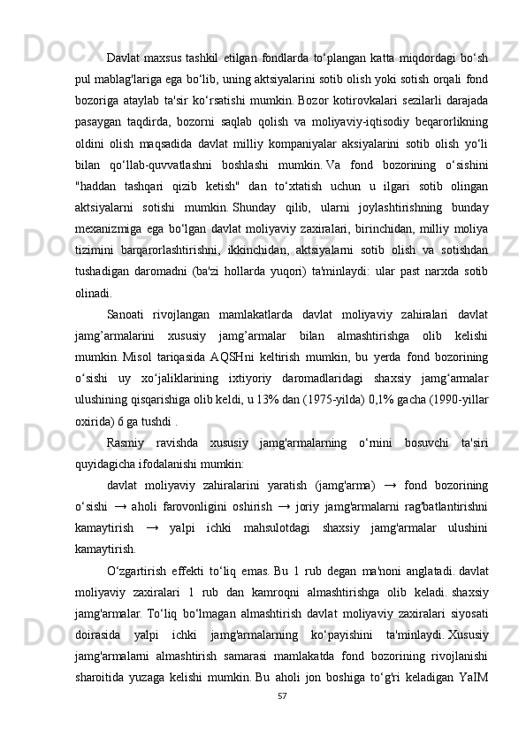 Davlat   maxsus   tashkil   etilgan   fondlarda   to‘plangan   katta   miqdordagi   bo‘sh
pul mablag'lariga ega bo‘lib, uning aktsiyalarini sotib olish yoki sotish orqali fond
bozoriga   ataylab   ta'sir   ko‘rsatishi   mumkin.   Bozor   kotirovkalari   sezilarli   darajada
pasaygan   taqdirda,   bozorni   saqlab   qolish   va   moliyaviy-iqtisodiy   beqarorlikning
oldini   olish   maqsadida   davlat   milliy   kompaniyalar   aksiyalarini   sotib   olish   yo‘li
bilan   qo‘llab-quvvatlashni   boshlashi   mumkin.   Va   fond   bozorining   o‘sishini
"haddan   tashqari   qizib   ketish"   dan   to‘xtatish   uchun   u   ilgari   sotib   olingan
aktsiyalarni   sotishi   mumkin.   Shunday   qilib,   ularni   joylashtirishning   bunday
mexanizmiga   ega   bo‘lgan   davlat   moliyaviy   zaxiralari,   birinchidan,   milliy   moliya
tizimini   barqarorlashtirishni,   ikkinchidan,   aktsiyalarni   sotib   olish   va   sotishdan
tushadigan   daromadni   (ba'zi   hollarda   yuqori)   ta'minlaydi:   ular   past   narxda   sotib
olinadi. 
Sanoati   rivojlangan   mamlakatlarda   davlat   moliyaviy   zahiralari   davlat
jamg’armalarini   xususiy   jamg’armalar   bilan   almashtirishga   olib   kelishi
mumkin.   Misol   tariqasida   AQSHni   keltirish   mumkin,   bu   yerda   fond   bozorining
o sishi   uy   xo jaliklarining   ixtiyoriy   daromadlaridagi   shaxsiy   jamg armalarʻ ʻ ʻ
ulushining qisqarishiga olib keldi, u 13% dan (1975-yilda) 0,1% gacha (1990-yillar
oxirida) 6 ga   tushdi   .
Rasmiy   ravishda   xususiy   jamg'armalarning   o‘rnini   bosuvchi   ta'siri
quyidagicha ifodalanishi mumkin:
davlat   moliyaviy   zahiralarini   yaratish   (jamg'arma)   →   fond   bozorining
o‘sishi   →   aholi   farovonligini   oshirish   →   joriy   jamg'armalarni   rag'batlantirishni
kamaytirish   →   yalpi   ichki   mahsulotdagi   shaxsiy   jamg'armalar   ulushini
kamaytirish.
O‘zgartirish   effekti   to‘liq   emas.   Bu   1   rub   degan   ma'noni   anglatadi.   davlat
moliyaviy   zaxiralari   1   rub   dan   kamroqni   almashtirishga   olib   keladi.   shaxsiy
jamg'armalar.   To‘liq   bo‘lmagan   almashtirish   davlat   moliyaviy   zaxiralari   siyosati
doirasida   yalpi   ichki   jamg'armalarning   ko‘payishini   ta'minlaydi.   Xususiy
jamg'armalarni   almashtirish   samarasi   mamlakatda   fond   bozorining   rivojlanishi
sharoitida   yuzaga   kelishi   mumkin.   Bu   aholi   jon   boshiga   to‘g'ri   keladigan   YaIM
57 