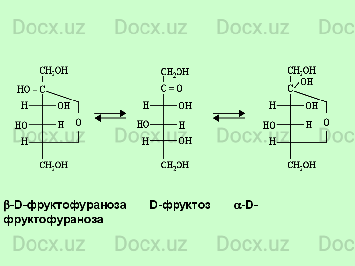 CH	2OH	
HO	
OH
OH	
H	
H	
H	
CH	2OH	
C = O	
CH	2OH	
HO	
OH	
H	
H	
H	
CH	2OH	
C	
OH	
O	
CH	2OH	
HO	
OH	
H	
H	
H	
CH	2OH	
HO 	–	C	
O	
CH	2OH	
HO	
OH
OH	
H	
H	
H	
CH	2OH	
C = O
CH	2OH	
HO	
OH
OH	
H	
H	
H	
CH	2OH	
C = O	
CH	2OH	
HO	
OH	
H	
H	
H	
CH	2OH	
C	
OH	
O	
CH	2OH	
HO	
OH	
H	
H	
H	
CH	2OH	
C	
OH	
O	
CH	2OH	
HO	
OH	
H	
H	
H	
CH	2OH	
HO 	–	C	
O - D -фруктофураноза          D -фруктоз          - D -
фруктофураноза 