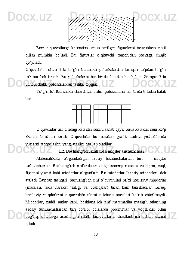 Buni   o‘quvchilarga   ko‘rsatish   uchun   berilgan   figuralarni   tassoshlash   tahlil
qilish   mumkin   bo‘ladi.   Bu   figuralar   o‘qituvchi   tomonidan   boskaga   chiqib
qo‘yiladi.
O‘quvchilar   oldin   4   ta   to‘g‘ri   burchakli   poloskalardan   tashqari   to‘pdan   to‘g‘ri
to‘rtburchak   tuzadi.   Bu   poloskalarni   har   birida   6   tadan   katak   bor.   So‘ngra   3   ta
uchburchakli poloskalardan tashkil topgan.
To‘g‘ri to‘rtburchakli chizishdan oldin, poloskalarni har brida 9 tadan katak
bor. 
O‘quvchilar har biridagi kataklar sonini sanab qaysi brida kataklar soni ko‘p
ekanini   bilishlari   kerak.   O‘quvchilar   bu   masalani   grafik   usulida   yechishlarida
yuzlarni taqqoslashni yangi usulini egallab oladilar.
1.2. Boshlang‘ich sinflarda miqdor tushunchasi
Matematikada   o‘rganiladigan   asosiy   tushunchalardan   biri   —   miqdor
tushunchasidir.   Boshlang‘ich   sinflarda   uzunlik,   jismning   massasi   va   hajmi,   vaqt,
figurani   yuzasi   kabi   miqdorlar   o‘rganiladi.   Bu   miqdorlar   “asosiy   miqdorlar”   deb
ataladi. Bundan  tashqari, boshlang‘ich sinf  o‘quvchilari  ba’zi  hosilaviy  miqdorlar
(masalan,   tekis   harakat   tezligi   va   boshqalar)   bilan   ham   tanishadilar.   Biroq,
hosilaviy   miqdorlarni   o‘rganishda   ularni   o‘lchash   masalasi   ko‘rib   chiqilmaydi.
Miqdorlar,   xuddi   sonlar   kabi,   boshlang‘ich   sinf   matematika   mashg‘ulotlarining
asosiy   tushunchalaridan   biri   bo‘lib,   bolalarda   predmetlar   va   voqeliklar   bilan
bog‘liq,   o‘lchovga   asoslangan   sifatli   tasavvurlarni   shakllantirish   uchun   xizmat
qiladi.
13 